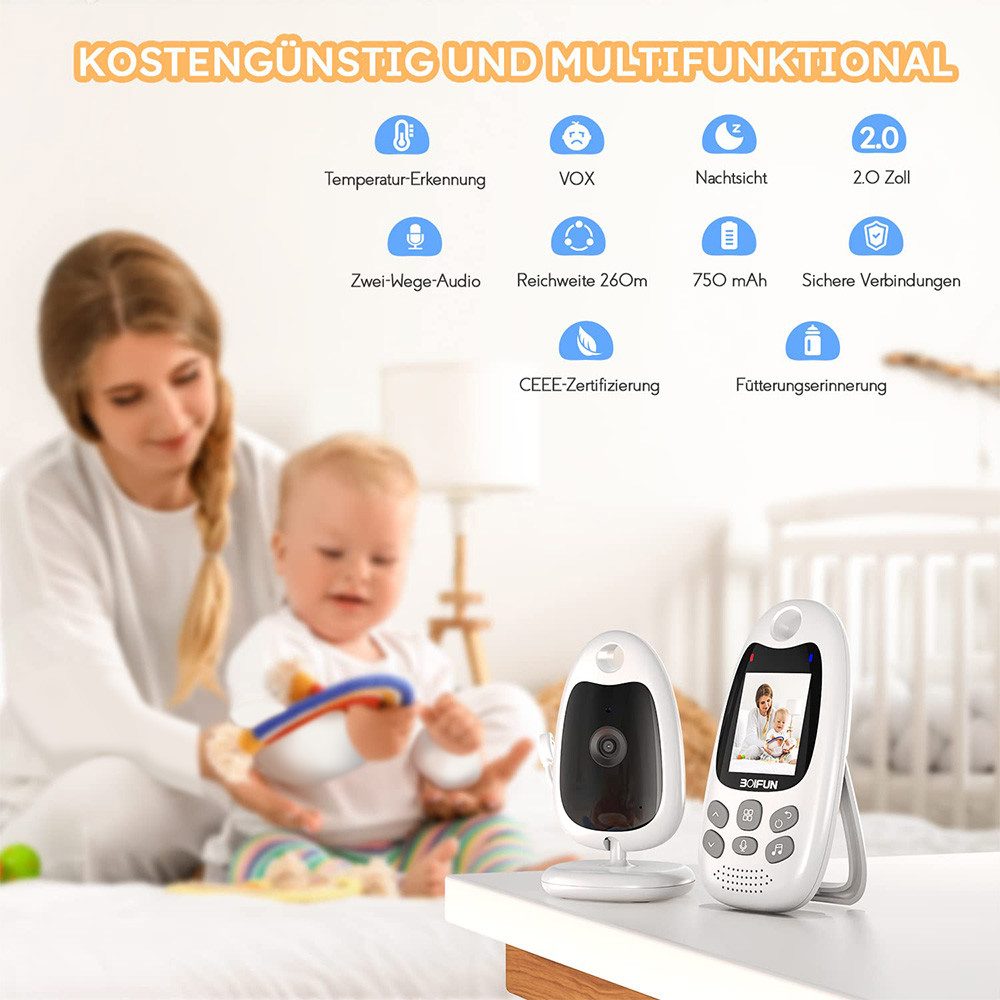 Boifun Video-Babyphone Tragbares Babyphone Babyphone Mit Kamera, 2" Video Baby Monitor Kamera Und Audio Babyphone Mit Vox Funktion Babyphon Kamera, Gegensprechfunktion Nachtsicht Temperaturüberwachung Schlaflieder, 720p Intelligentes Standby