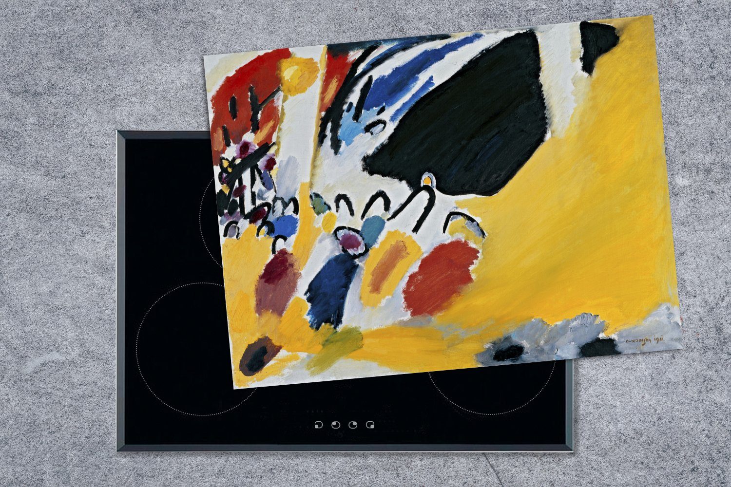 3 Vinyl, - MuchoWow (1 Herdblende-/Abdeckplatte Kandinsky, tlg), Abdruck cm, Arbeitsfläche Mobile Ceranfeldabdeckung nutzbar, 70x52