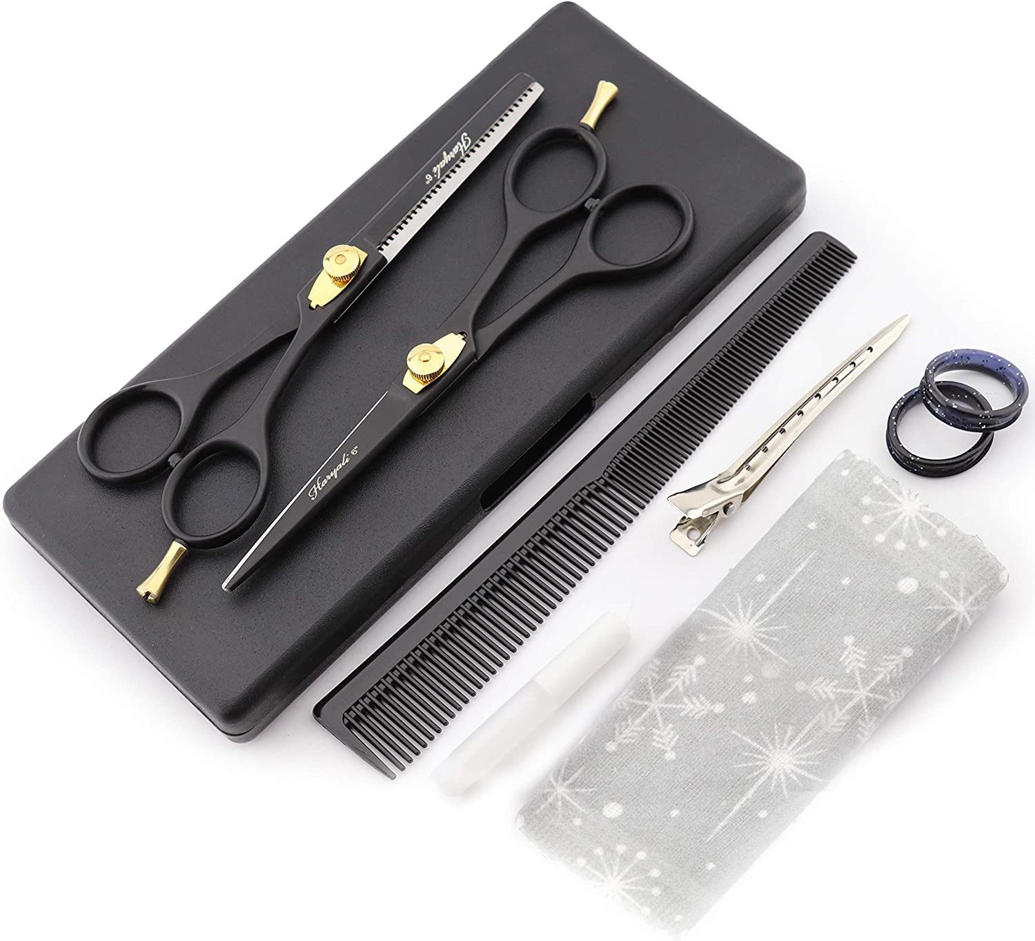 Haryali London Scheren-Set 6-Zoll-Scherenset mit Schneide- und Effilierschere in Schwarzgold, (1 paar, 2-tlg., 1x cutting scissors, 1x Effilierschere, 1x Kamm, 1x Öl, 1x Reinigungstuch), Bestens geeignet für professionelle Friseur- und Kosmetikscheren