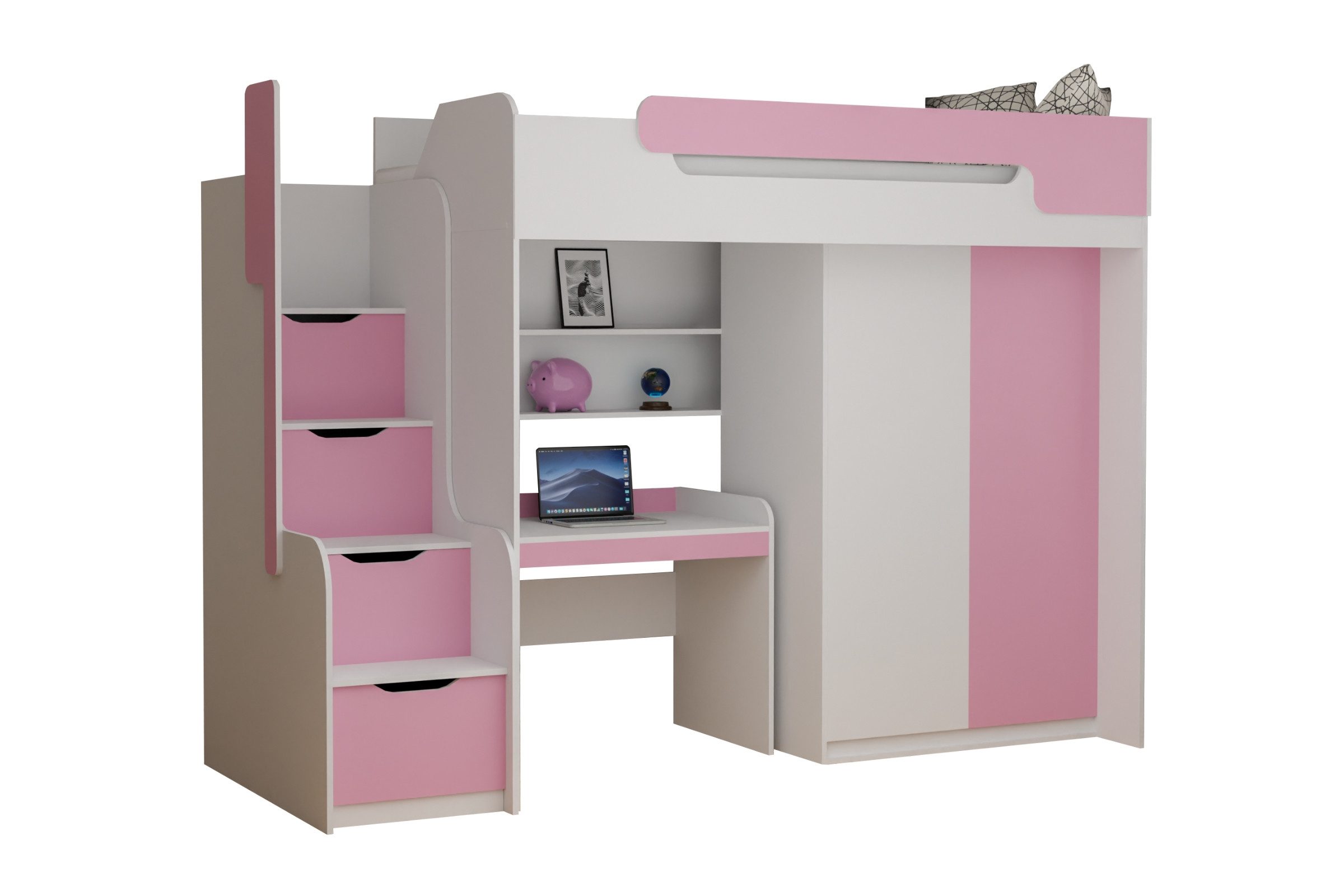 Deine Möbel 24 Hochbett ARTHUR Kinderbett mit Treppe und Stauraum, 90x200 cm (ideal für Kinderzimmer & Jugendzimmer, 1-St., Weiß Eukalyptus Eiche Rosa Blau Anthrazit, praktisch & platzsparend) Multifunktionsbett Jugendbett inkl. Kleiderschrank & Schreibtisch