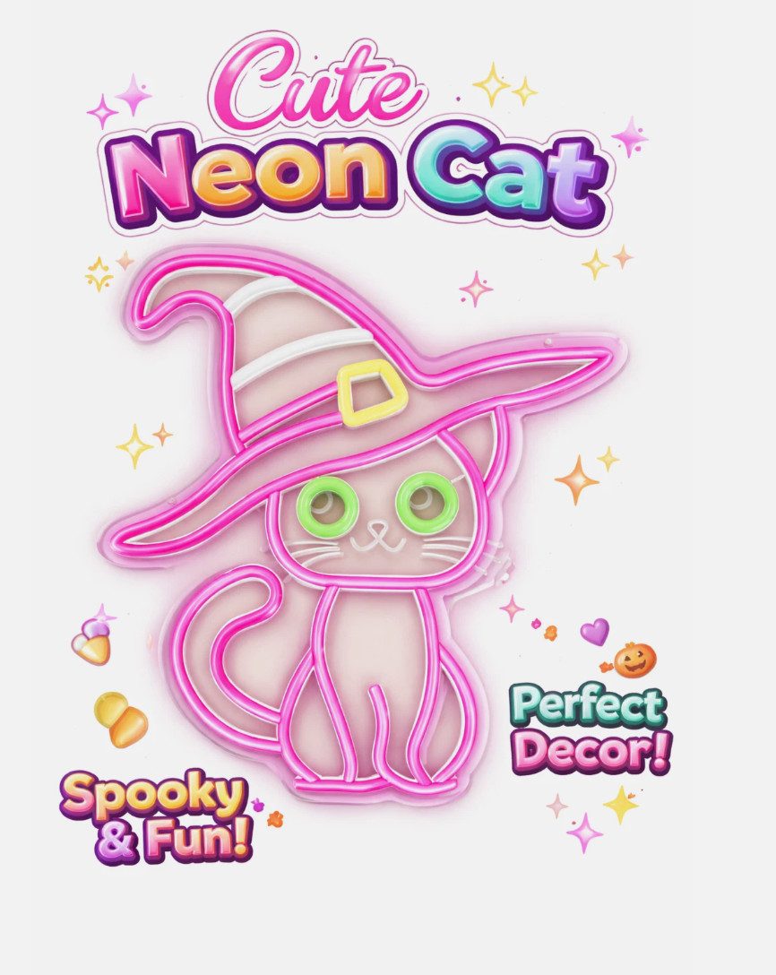 TSE LED Nachtlicht Katze mit Hexenhut Neon Licht 30x30 cm Halloween Wanddeko LED