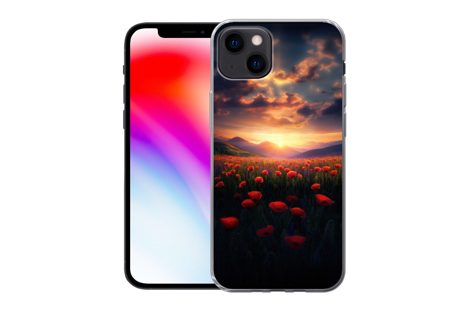 MuchoWow Handyhülle für Apple iPhone 13 Landschaft - Sonnenuntergang - Blumenfeld, Smartphone-Bumper, Print, Handy Schutzhülle Dünn