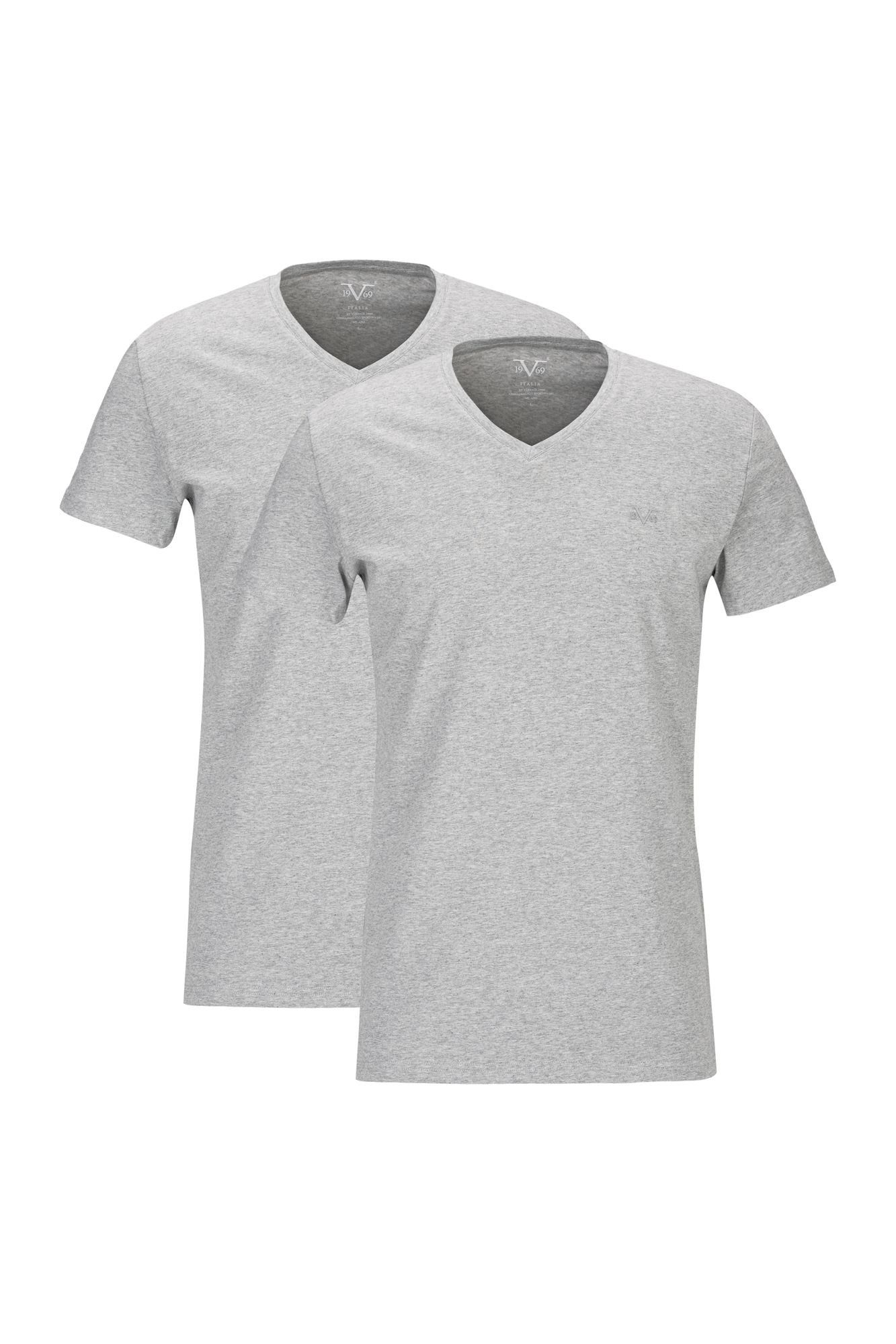 19V69 Italia by Logo kleinem auf Versace mit Herren Ton-in-Ton einem Kurzarm T-Shirt Unterziehshirt Unterhemd mit Brust grau V-Ausschnitt für der