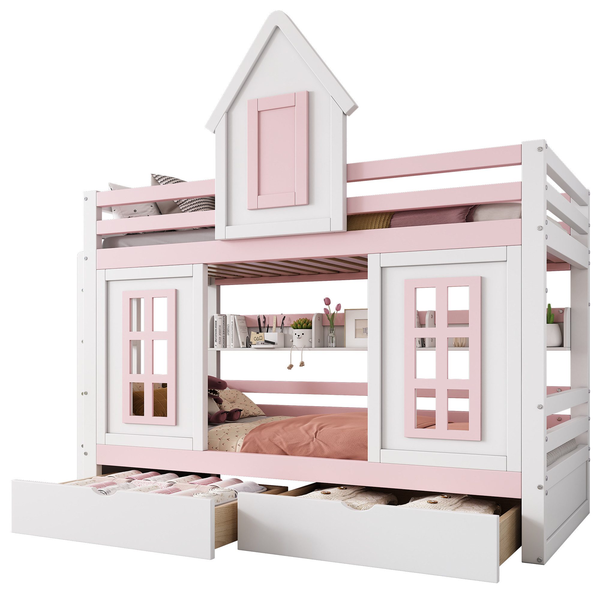 TavilaEcon Etagenbett Kinderbett, 90×200 cm, Weiß+Rosa, günstig online kaufen