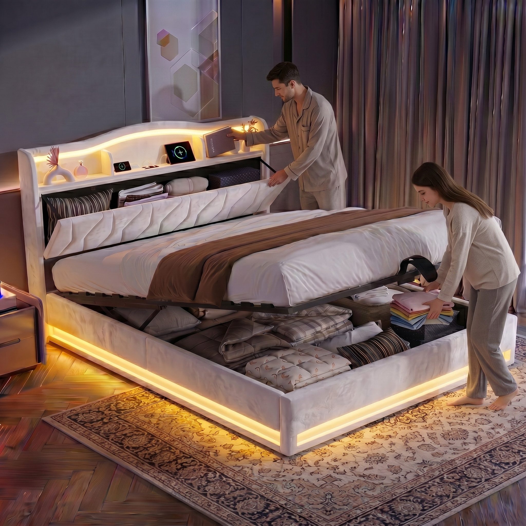 Furnishings Home Polsterbett Stauraumbett LED Doppelbett (1-tlg., Inkl. Komforthöhe Lattenrost, Leises Design Bett), Mit Bettkasten, RGB Beleuchtung, Ladefunktion