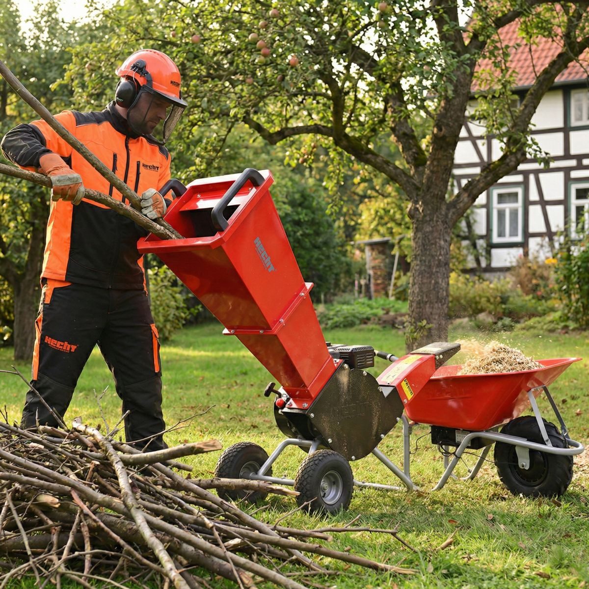 Hecht Messerhäcksler Gartenhäcksler 6206, 2 scharfe Wendemesser, Trommelsystem, 7 cm max. Astdurchmesser, 4,3 kW / 5,8 PS, Luftbereifung, verstellbarer Auswurfschacht