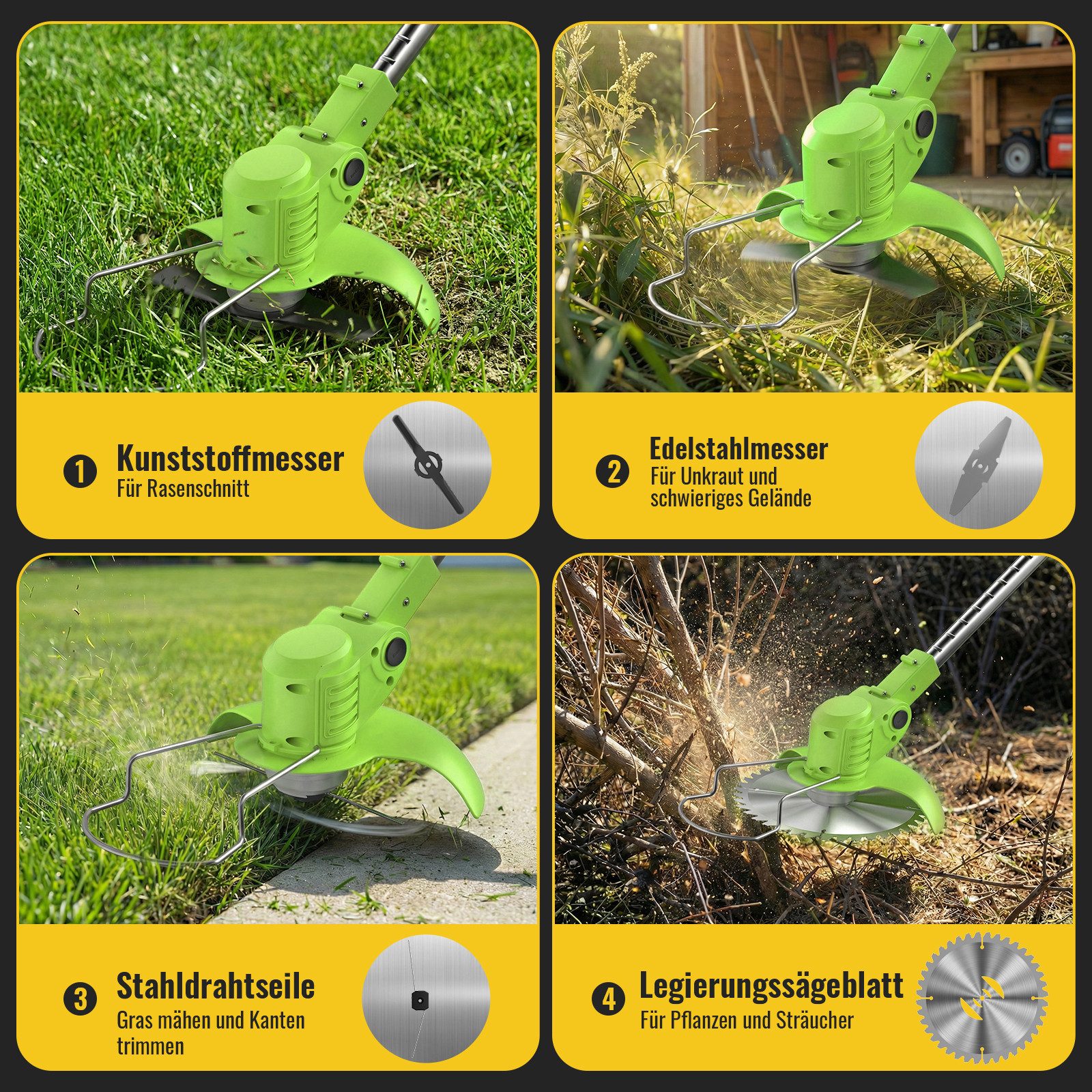 CONENTOOL Akku-Rasentrimmer 21V mit 4000mAh Akku, Verstellbarer Teleskopstiel, 15 cm Arbeitsbreite Messer, (Set, mit 4 Messertypen), Freischneider & Kantenschneider, inkl. 2 x 2.0Ah Akkus