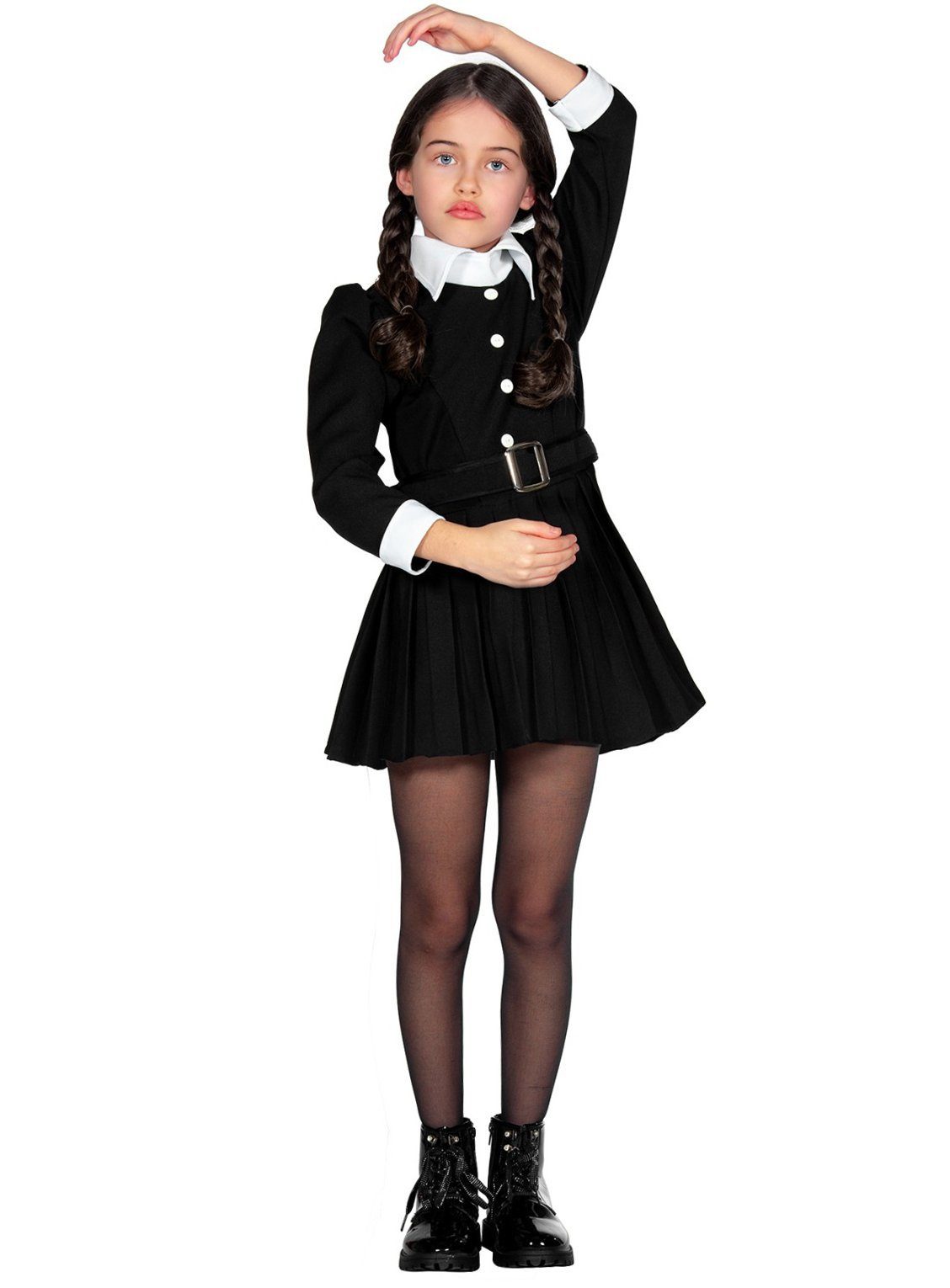Metamorph Hexen-Kostüm Wednesday - Hexen Halloween Kostüm Kinder, Schwarzes Hexenkleid mit Faltenrock für Mädchen