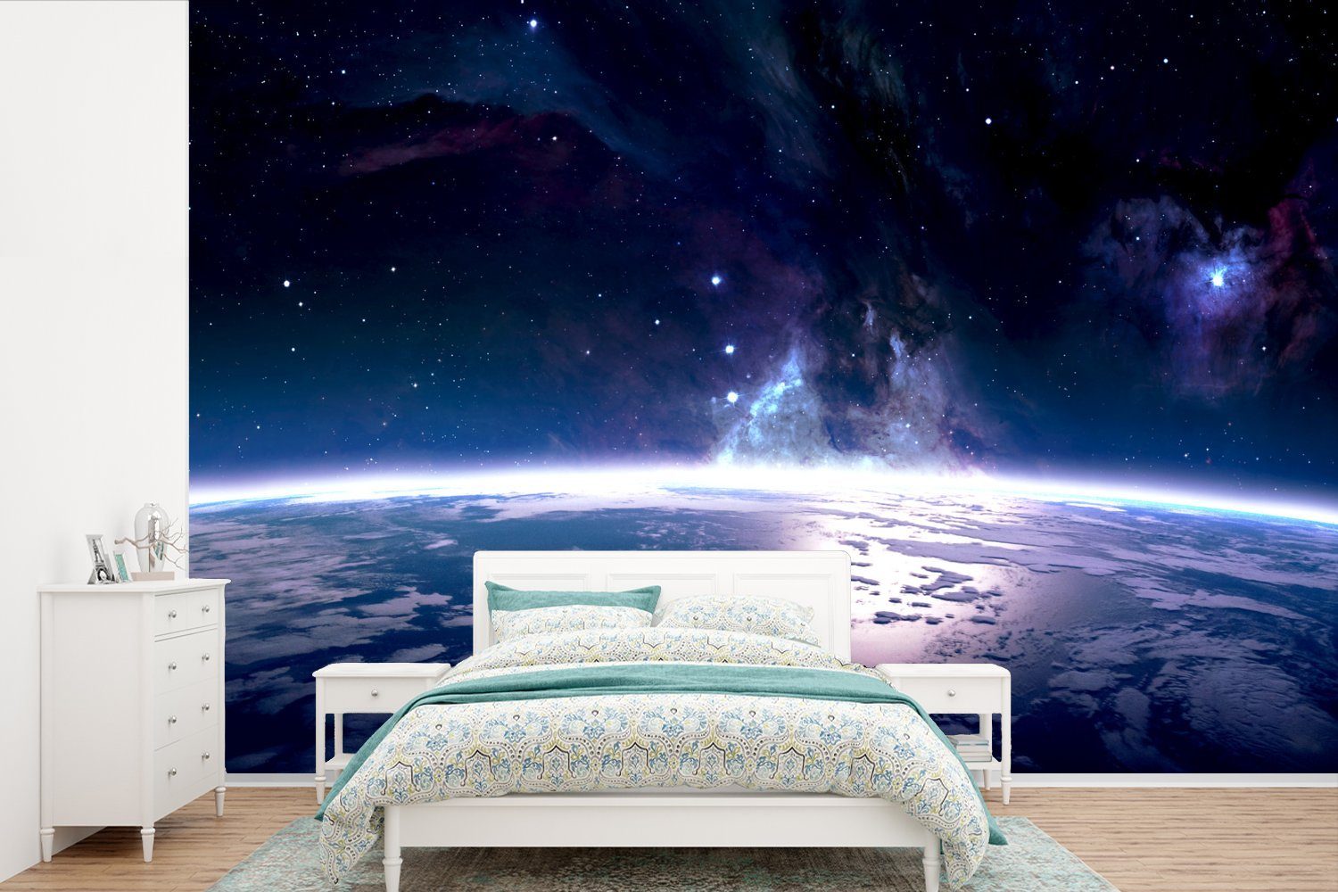 MuchoWow Fototapete Weltraum - Erde - Licht, Matt, bedruckt, (6 St), Wallpaper für Wohnzimmer, Schlafzimmer, Kinderzimmer, Vinyl Tapete