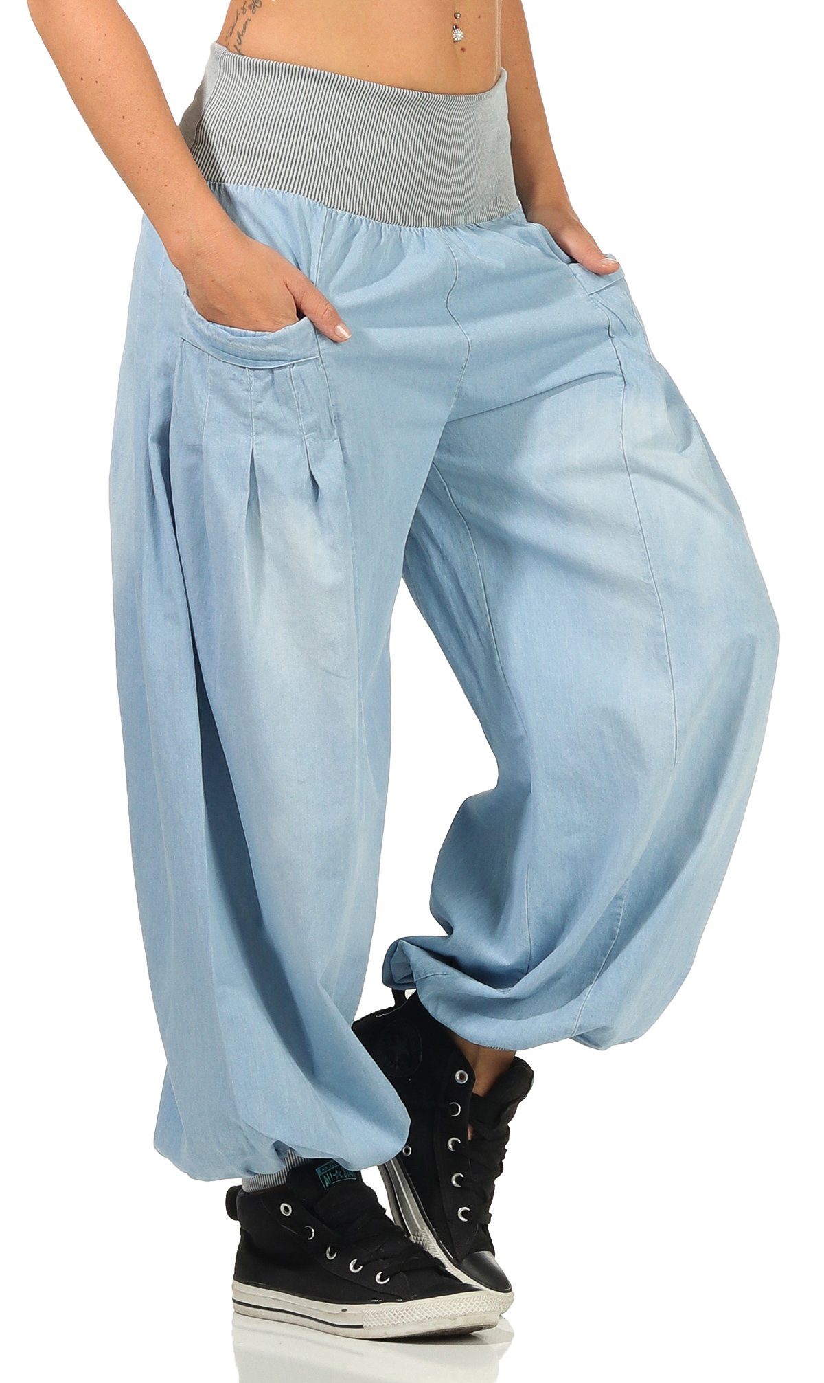 malito more than fashion Haremshose malito Damen Pumphose im Denim Style, perfekte Jeans zum Tanzen, mit elastischem Bund und Eingriffstaschen Einheitsgröße