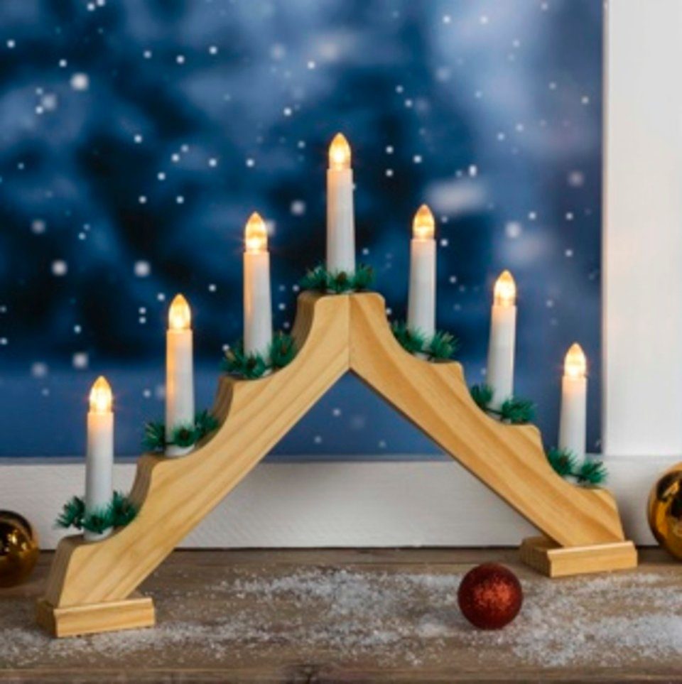 HI Lichterkette Lichterbogen mit 7 LEDs Kerzen Timer aus Holz, ca. 42,4 x 4,5 x 32 cm