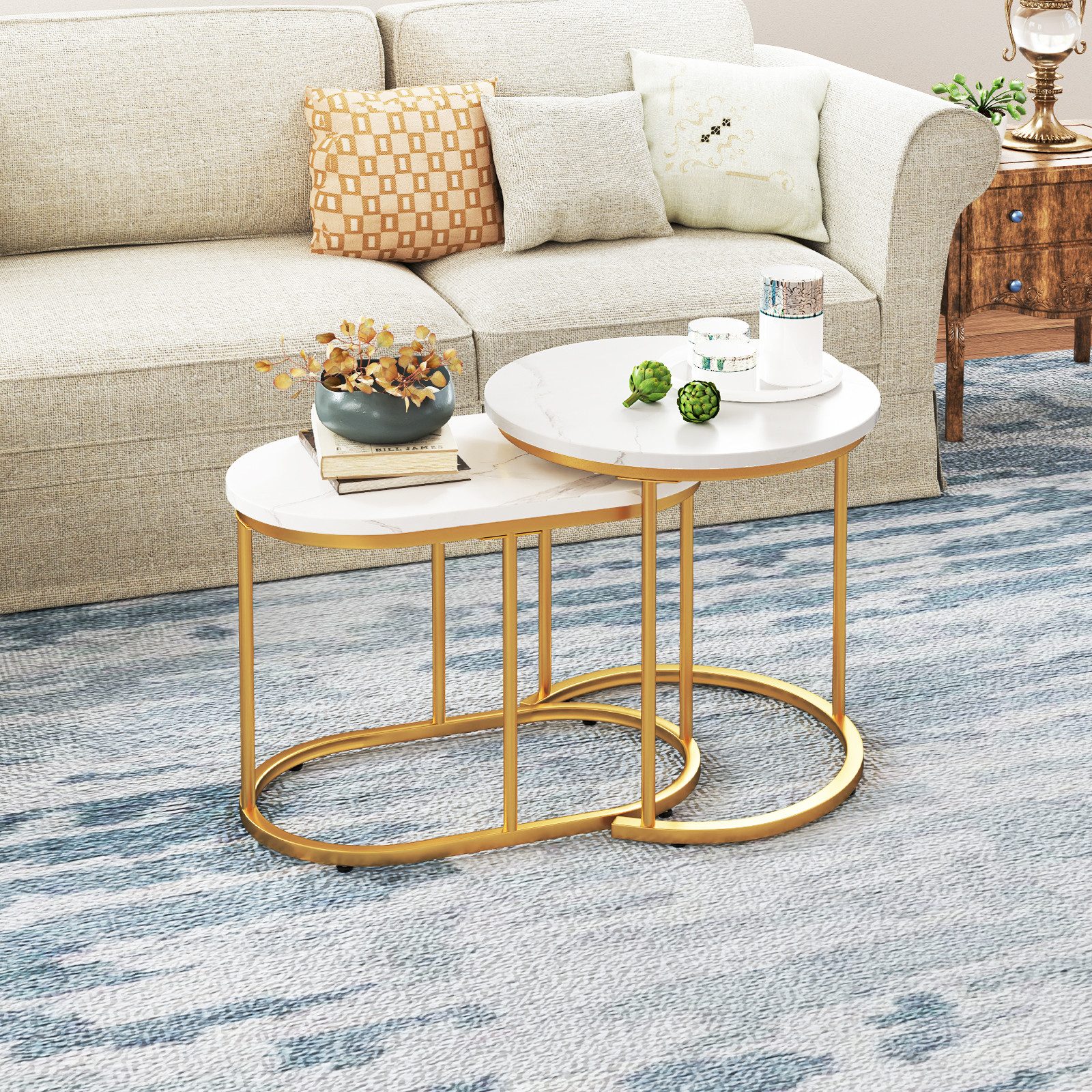 COSTWAY Couchtisch (2er Set), rund, Marmor, Beistelltisch Holz, Satztisch w günstig online kaufen