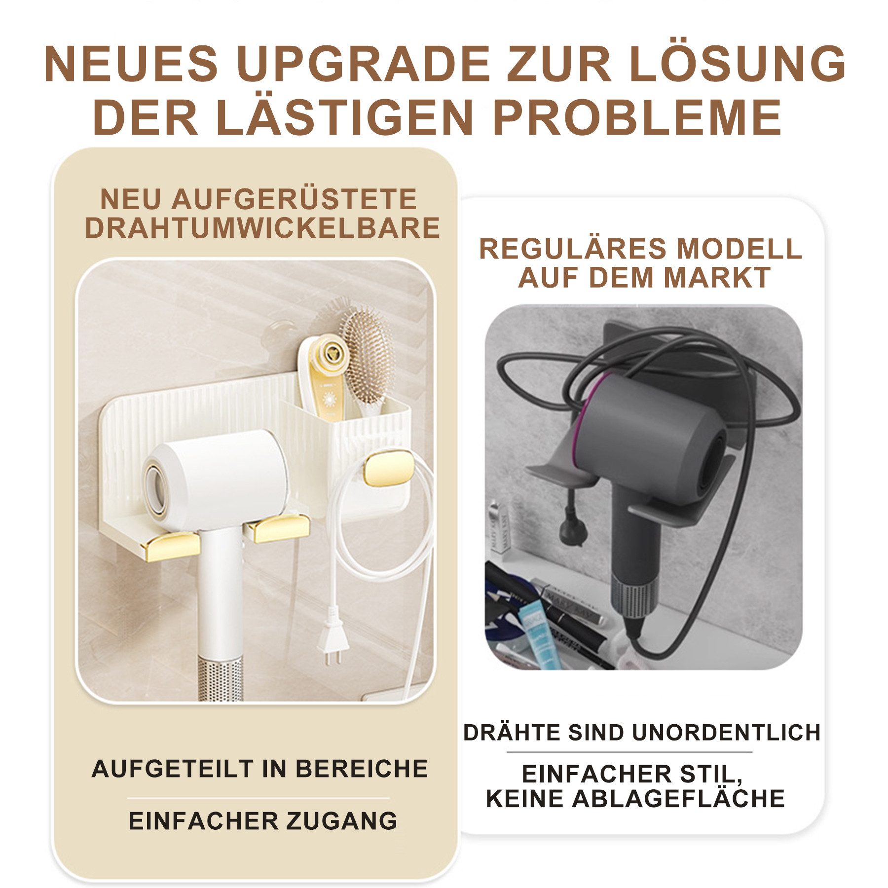 Mutig Haartrocknerhalter Fönhalter Ohne Bohren Wand,Fönhalterung für Badezimmer, (bis 1,97 Zoll, Universal Föhn Halterung mit 2 Fächern, Glätteisen Halterung, Föhn Halterung für Föhn und Glätteisen, Föhnhalter Wand, für Badezimmer und Wohnzimmer)
