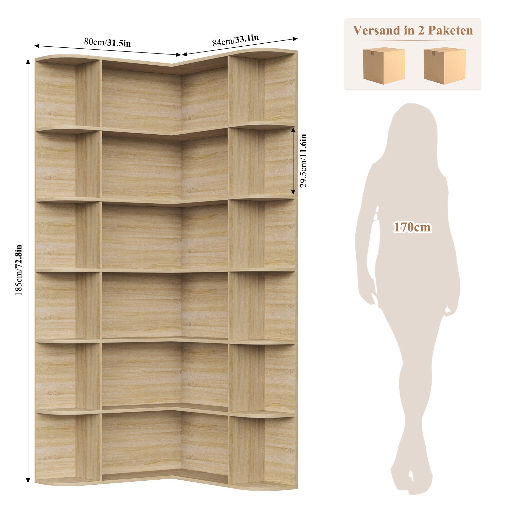 Homfa Bücherregal 185 cm Eckregal Bücherschrank Eckbücherregal, Standregal L-förmiger Eckschrank 80 x 84 x 185 cm, eiche