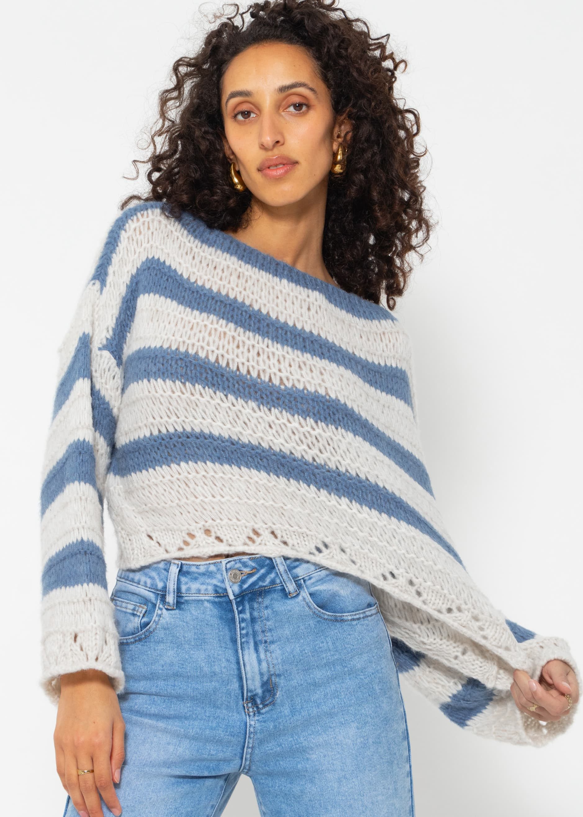 SASSYCLASSY Strickpullover Oversize Pullover mit Streifen Grobstrickpullover mit weiten Ärmeln und Ajour-Abschlüssen