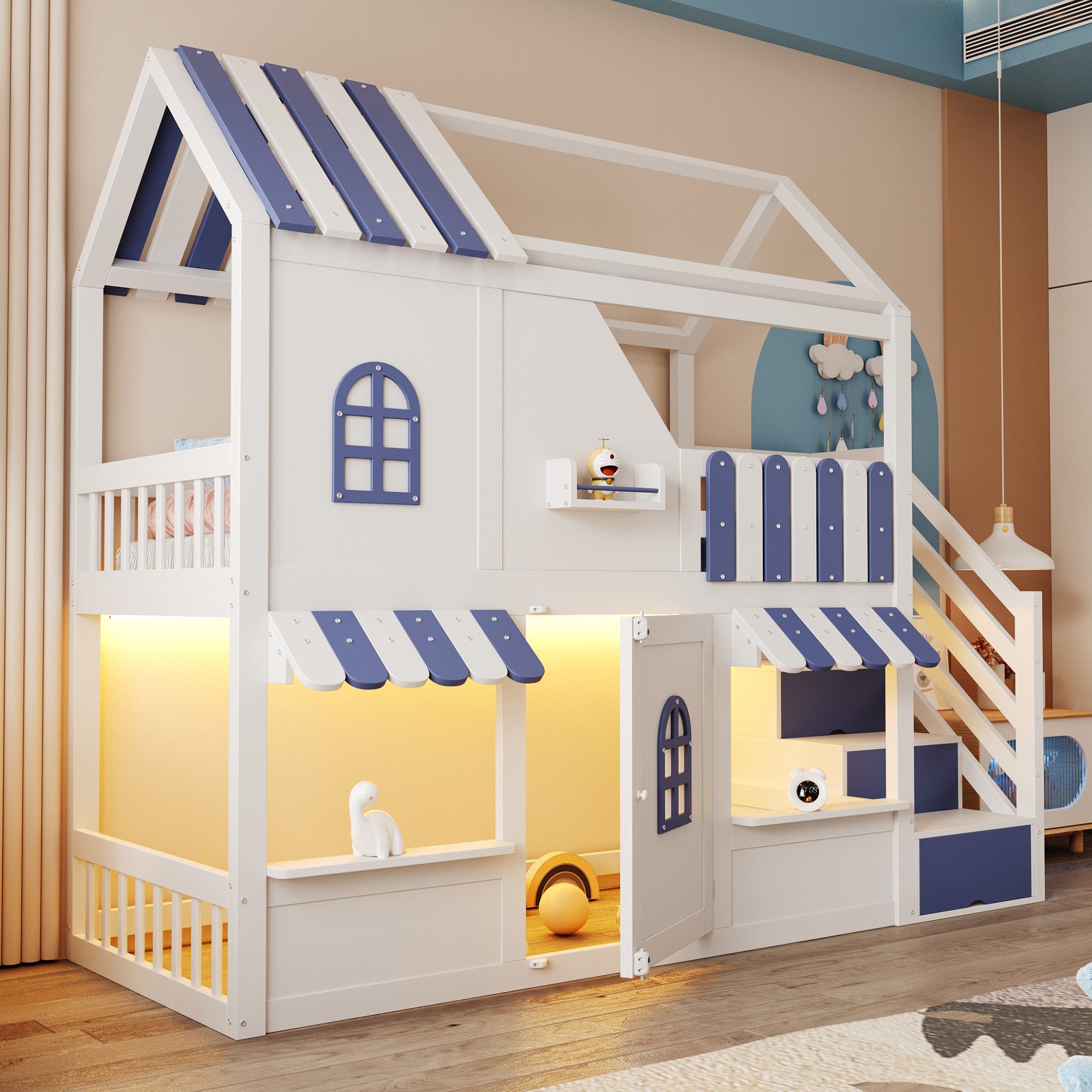 Odikalo Etagenbett Kinderbett Hochbett 90x200 mit LED Hausförmiges, Rundum-Absturzschutz (Hausförmiges Design Mit Fenstern, Dach, Dachüberstand, Geländer und Tür, Mit Stauraumleiter, LED-Beleuchtung und Regalen, Hochbett)