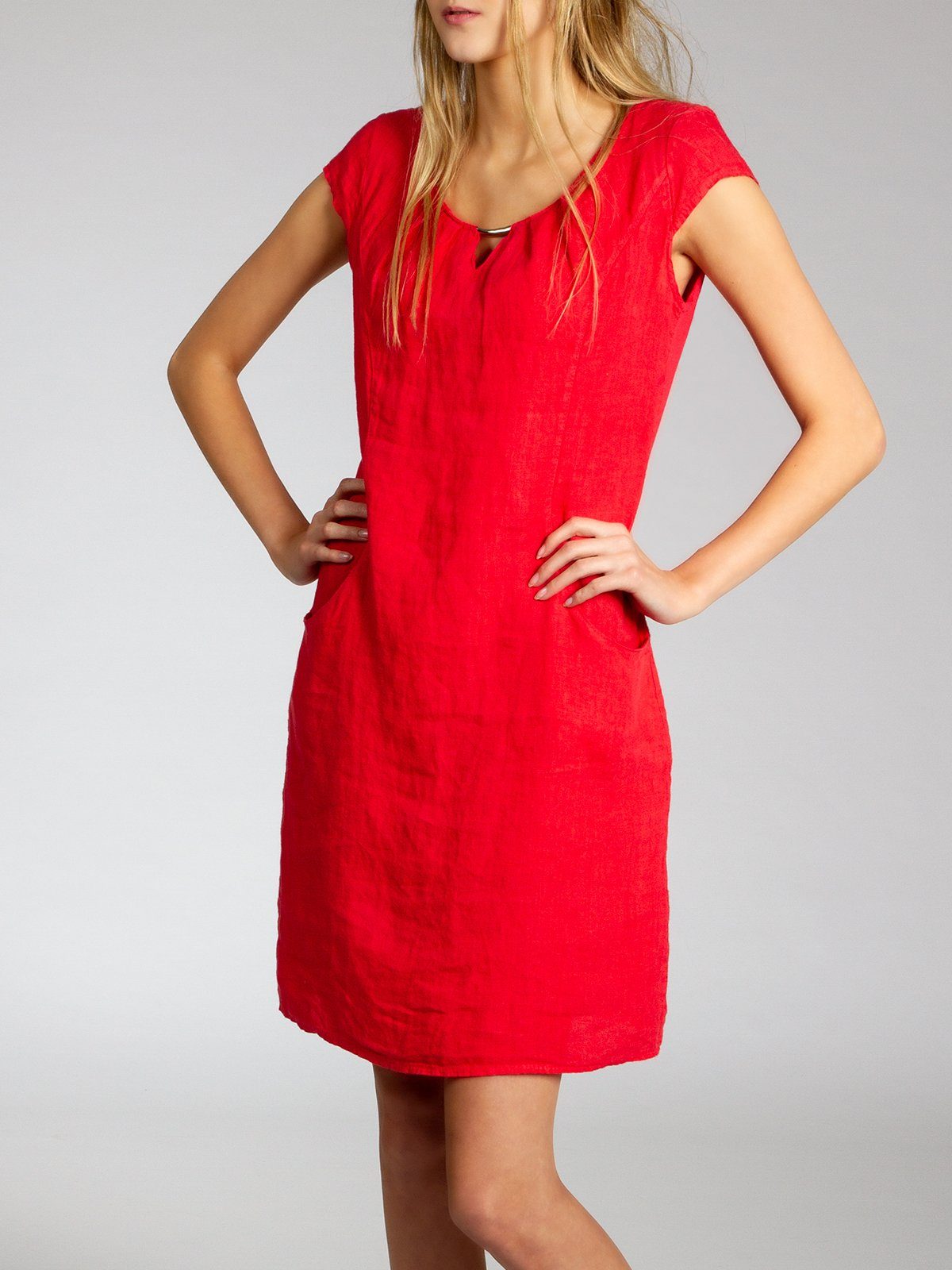 Caspar Sommerkleid SKL020 knielanges Damen Sommer Leinenkleid mit eleganter Metallspange Luftig leicht, figurumspielende Form, mit seitlichem Jersey-Einsatz