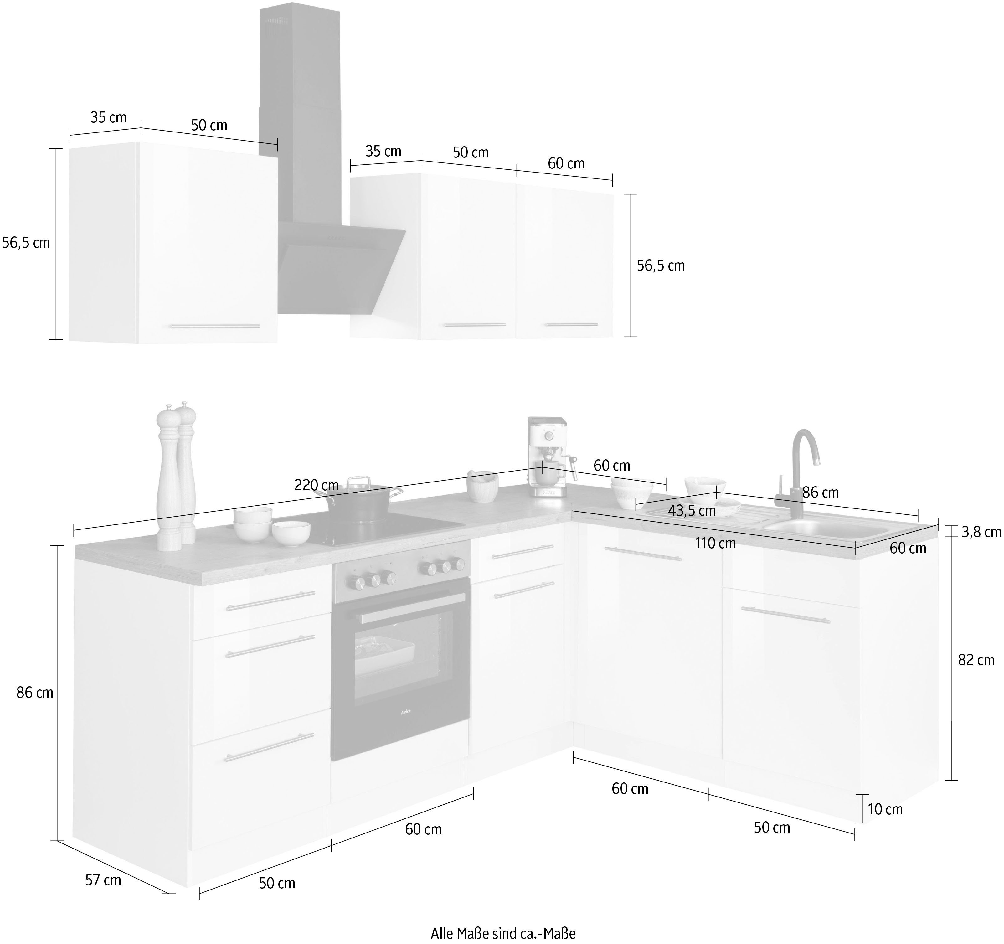 wiho Küchen Winkelküche Unna, mit cm 170 | E-Geräten, schwarz Weiß/Granit 220 Stellbreite weiß x
