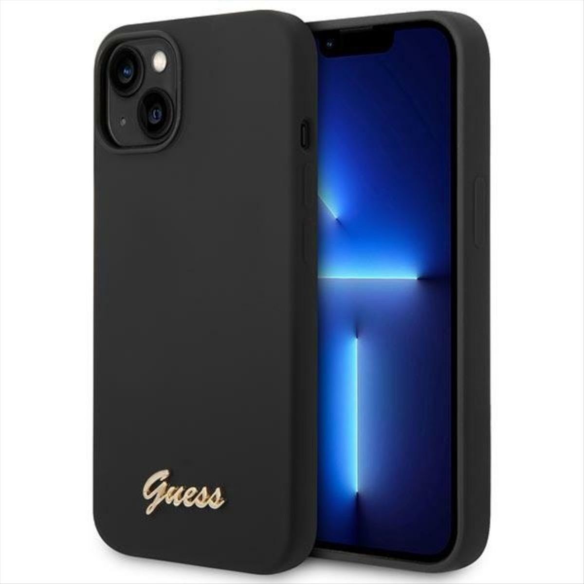 Guess Smartphone-Hülle Guess Apple iPhone 14 Plus Hard Case Silikon Vintage Gold Logo Schwarz