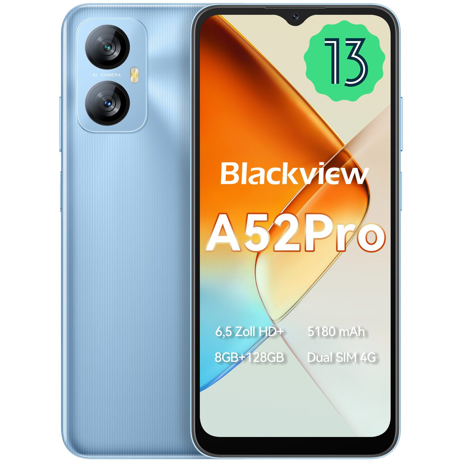 blackview A52Pro(4+128) Smartphone (6.5 Zoll, 128 GB Speicherplatz, 13 MP Kamera, Fingerabdruck, Dual SIM 4G, Android 13)