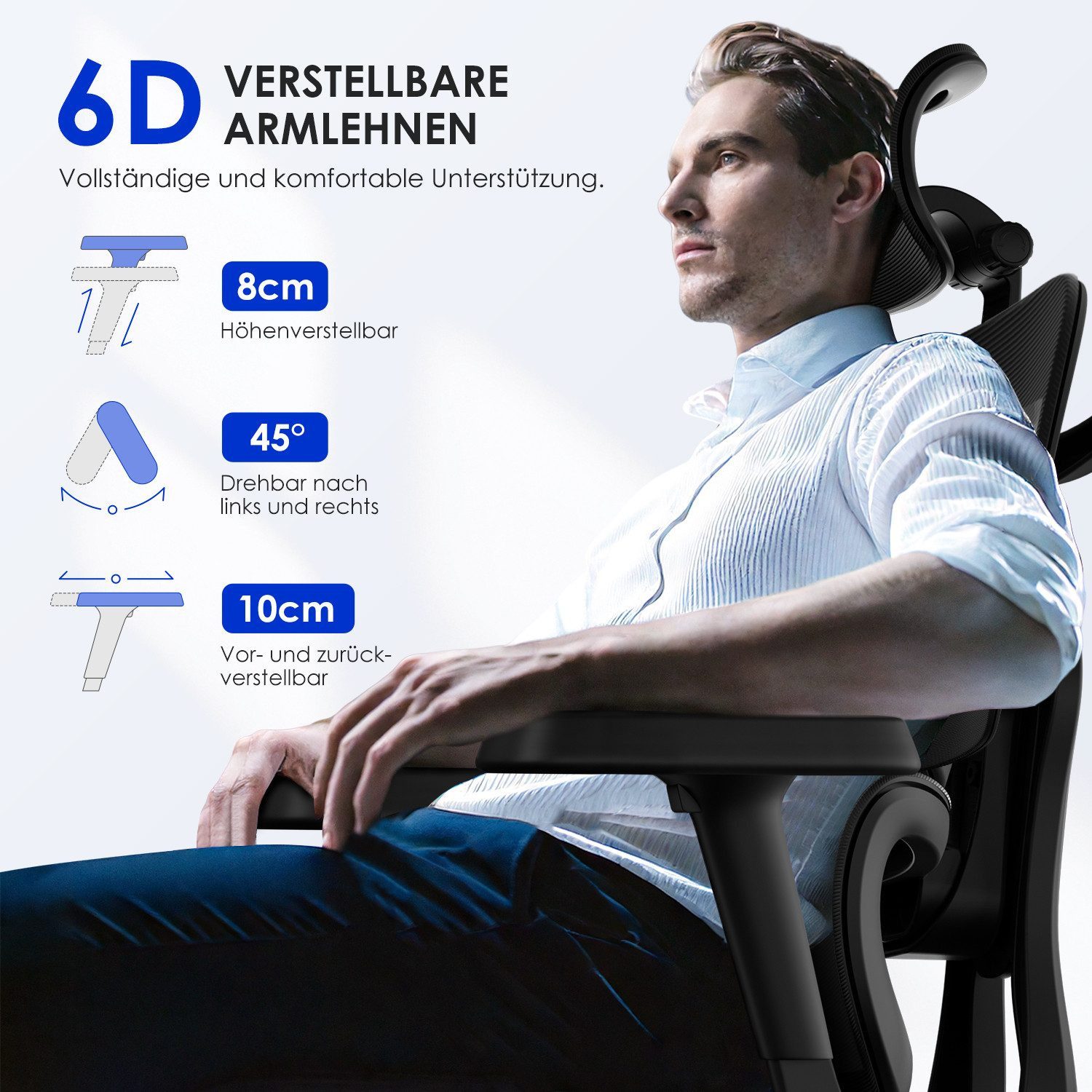 Hiazurm Bürostuhl Bürostuhl, Chefsessel, ergonomischer Schreibtischstuhl, atmungsaktiv (3-stufig arretierbare Rückenlehne, adaptives Rückenlehnendesign, dynamische, selbsteinstellende 20°-Lendenwirbelstütze, verstellbare 3D-Kopfstütze, 6D-Multifunktionsarmlehnen), Atmungsaktiver Netzbezug,Bis 200 kg