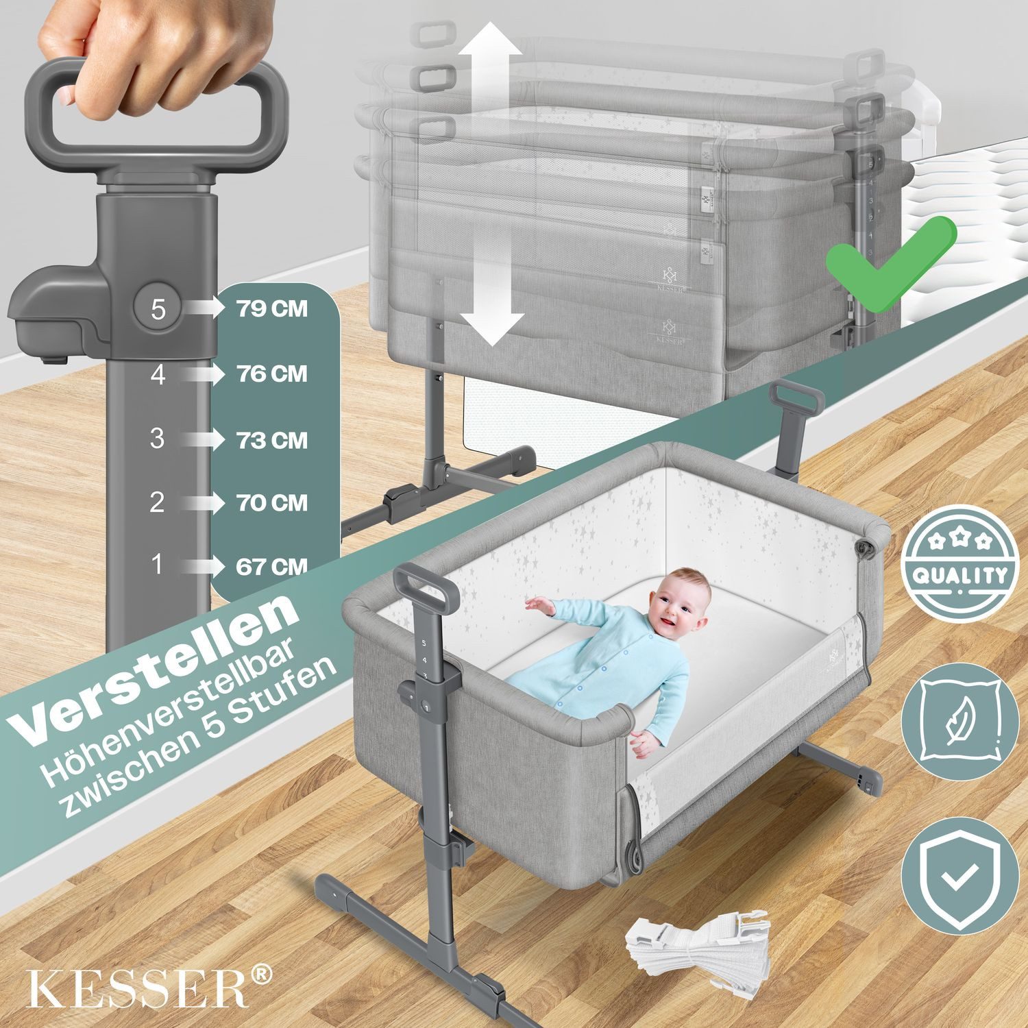 KESSER Kinderbett, Zustellbett Hubi 3in1 Baby Beistellbett Reisebett Babybett