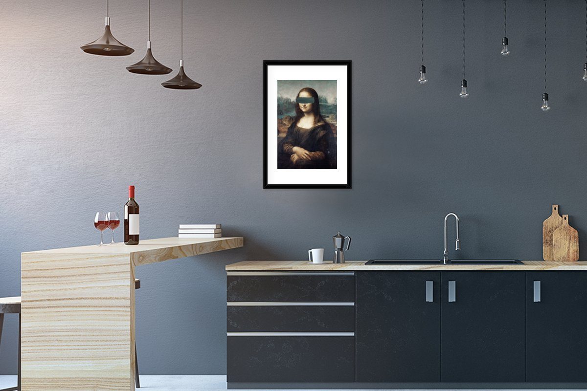 St), Poster, Leonardo - Vinci Schwarzem Poster Mona mit Bilderrahmen Kunstdruck, Rahmen, Lisa Gerahmtes da MuchoWow - Grün, (1