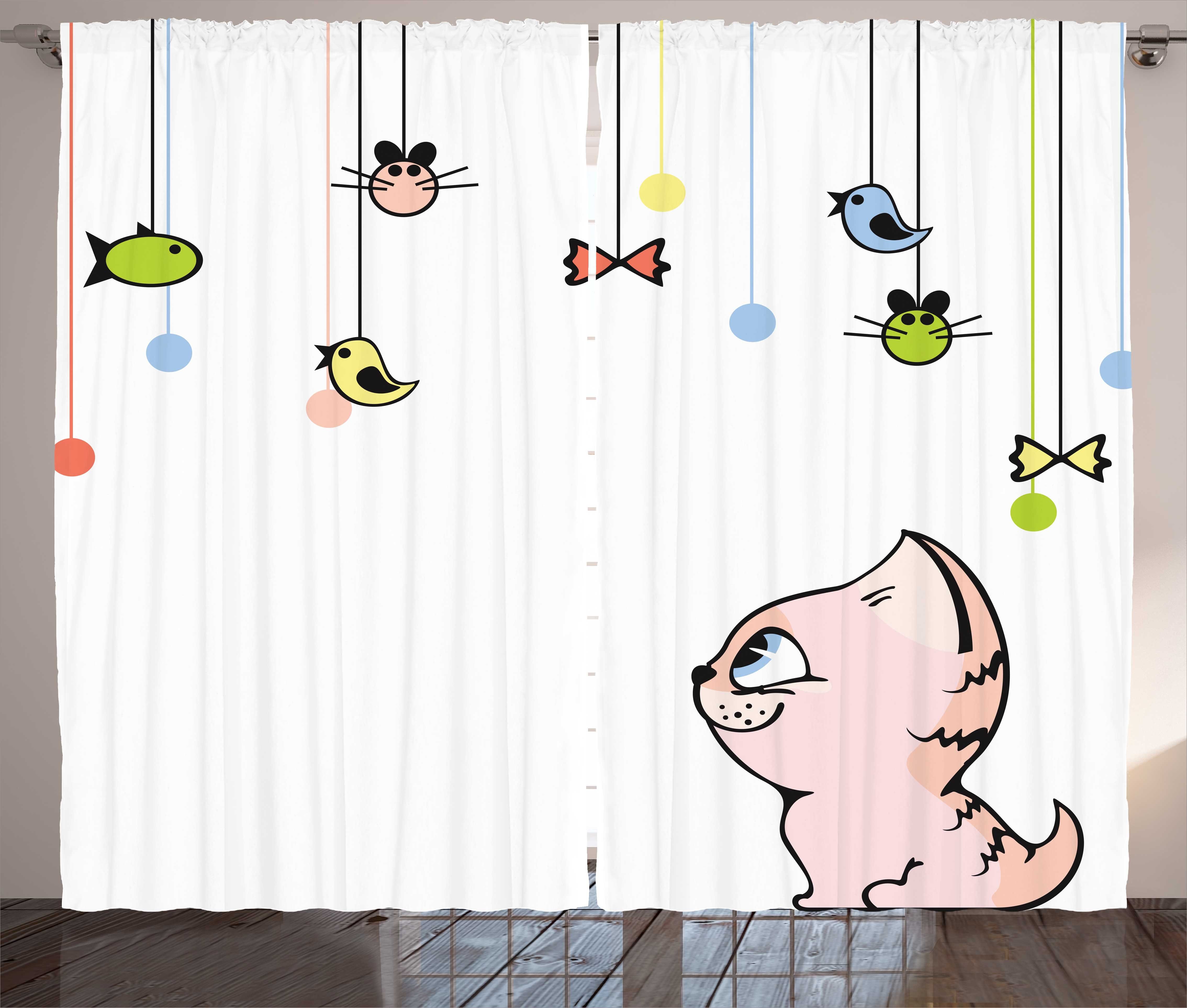 Gardine Schlafzimmer Kräuselband Vorhang mit Schlaufen und Haken, Abakuhaus, Katz 'und Maus Cartoon-Stil Kitten