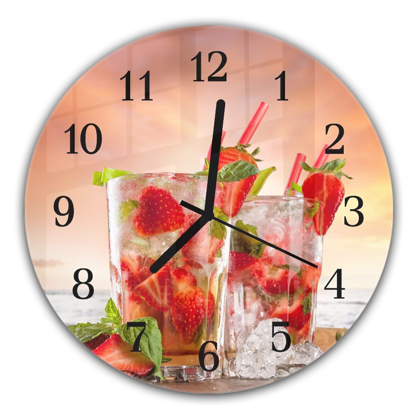 Primedeco Wanduhr Wanduhr aus Glas mit Motiv Erdbeeren im Glas mit Eis - Rund mit Durchmesser 30 cm und Quarzuhrwerk