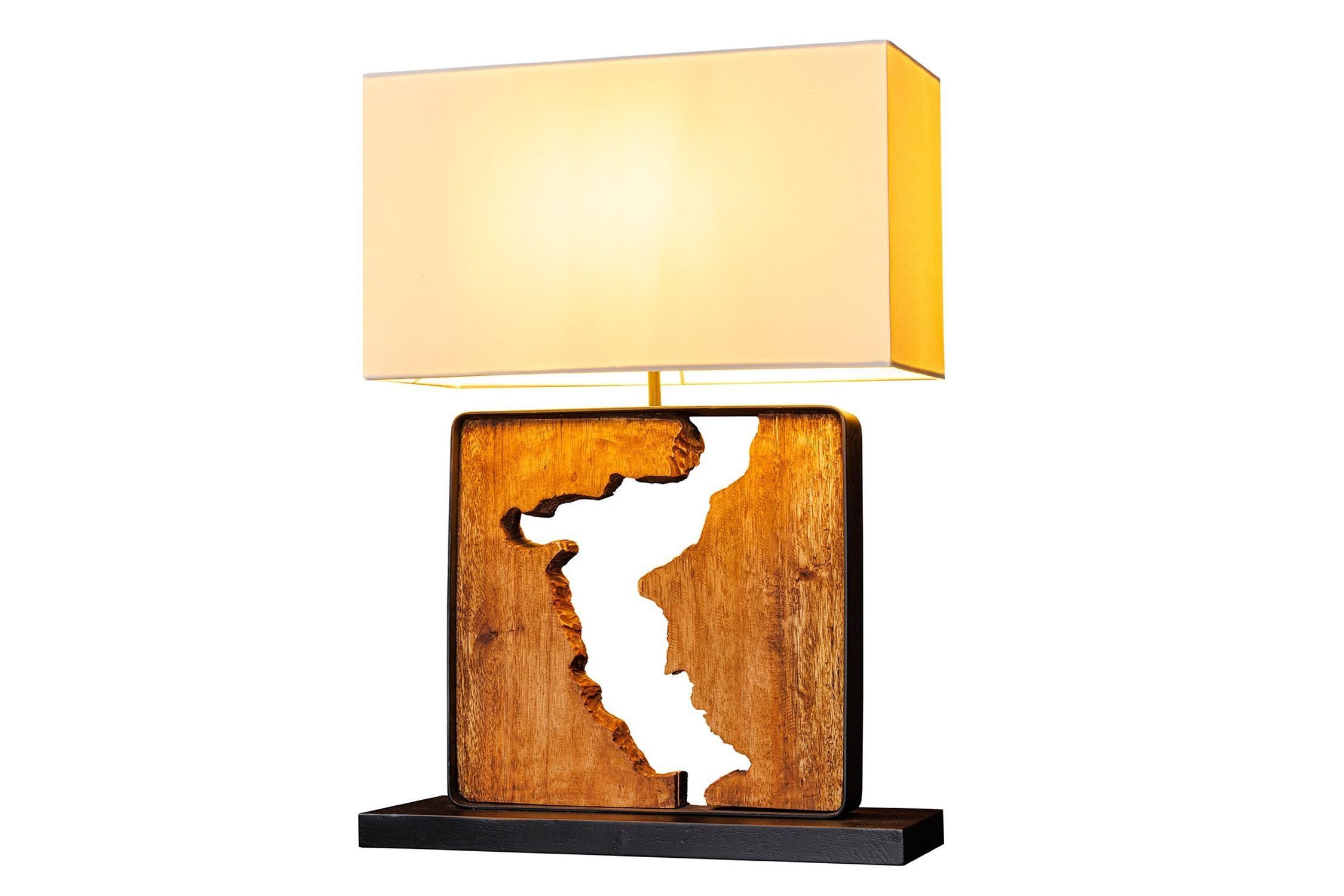 Licht-Erlebnisse Nachttischlampe IVALO, ohne Leuchtmittel, Holz Eisen Stoff 58 cm hoch Natur eckig E27 Handarbeit Unikat