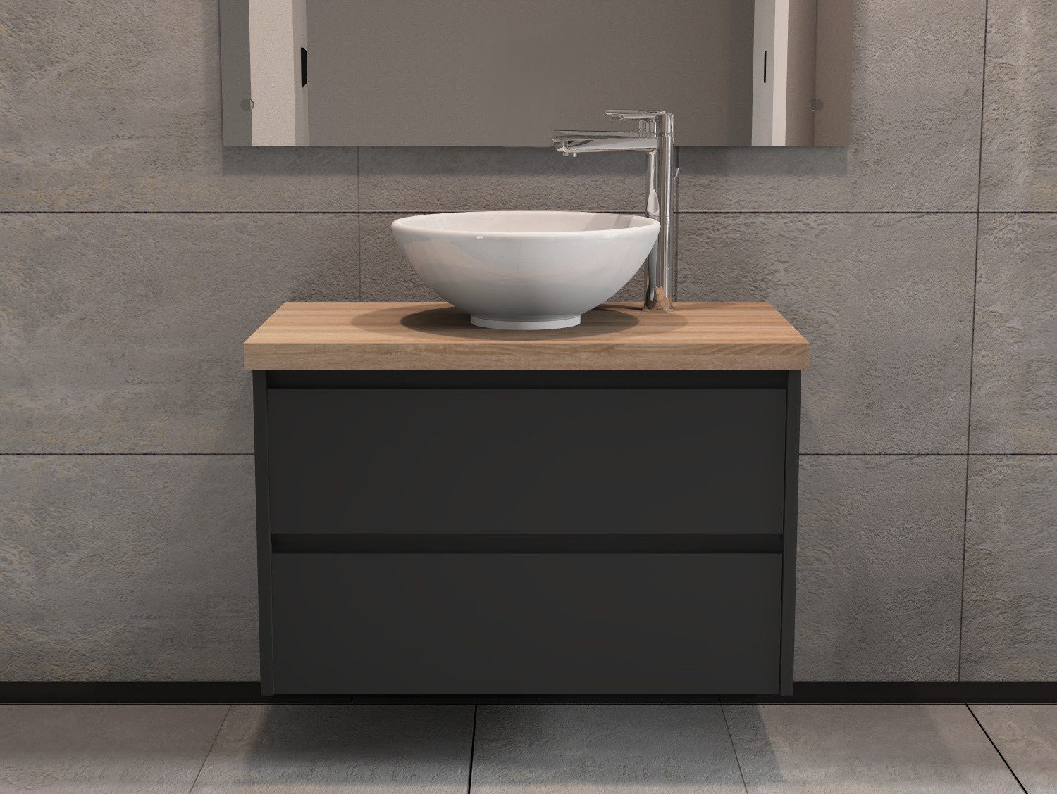 Aqua Bagno Badmöbel-Set Badschrank 80 cm mit Waschbecken, anthrazit lackiert, weiße Keramik, (Badschrank vormontiert, 3-St., Badmöbelschrank mit Trägerplatte, Waschschale), einfache Montage