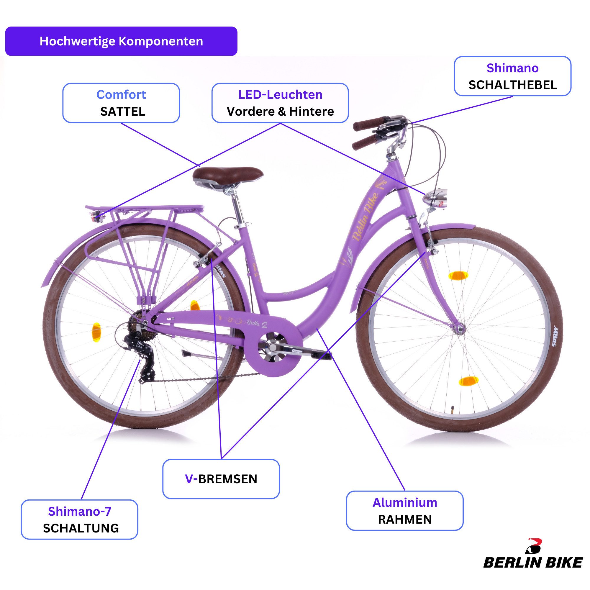 BERLIN BIKE Cityrad Bella 2 Damen Hollandrad 28 Zoll – Alurahmen & Shimano 7‑Gang, Shimano RD-TY300 Schaltwerk, Kettenschaltung, (Set, Shimano 7-Gang-Schaltung), mit 28" x 2,00" luftreifen – perfekt für stadt & alltag