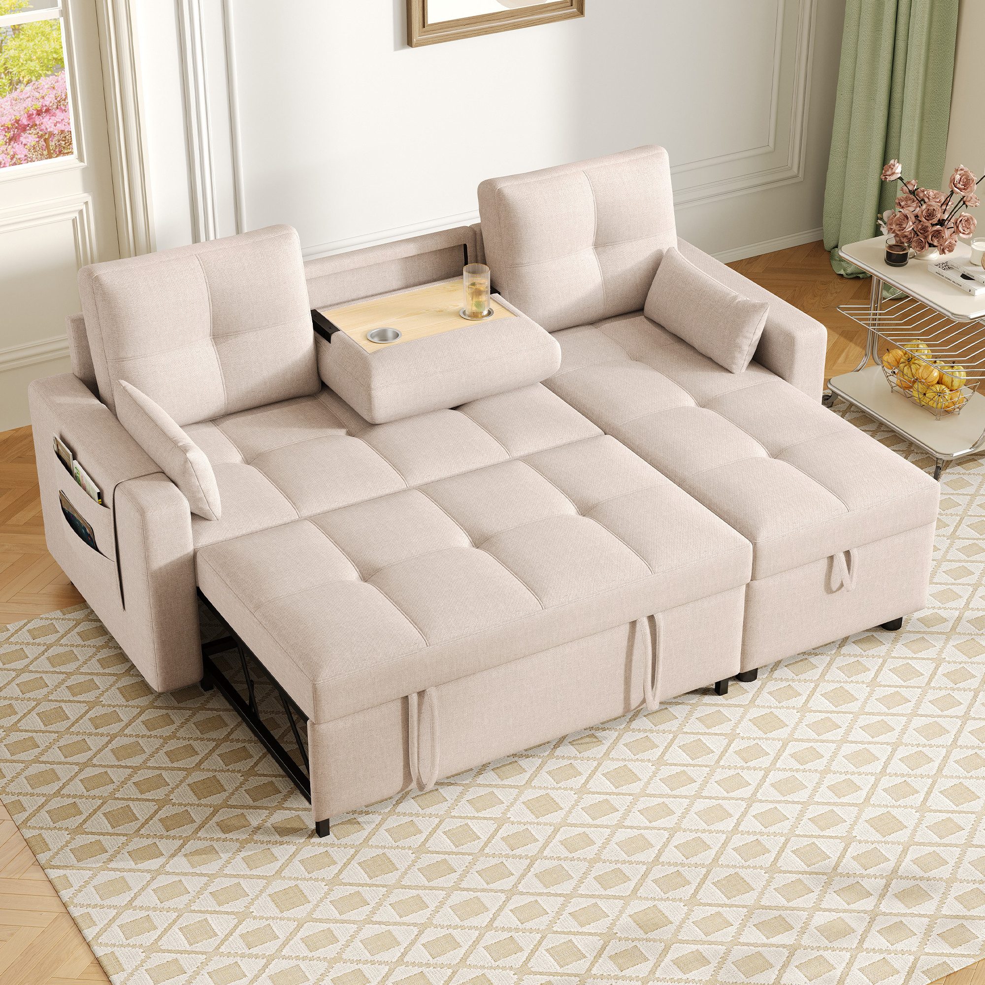 HAUSS SPOLE Schlafsofa mit Schlaffunktion Modernes L-Sofa mit Stauraum Ecksofa Wohnzimmersofa, Wohnzimmersofa, Polstersofa 1 Teile, mit herunterziehbarem Getränkehalter