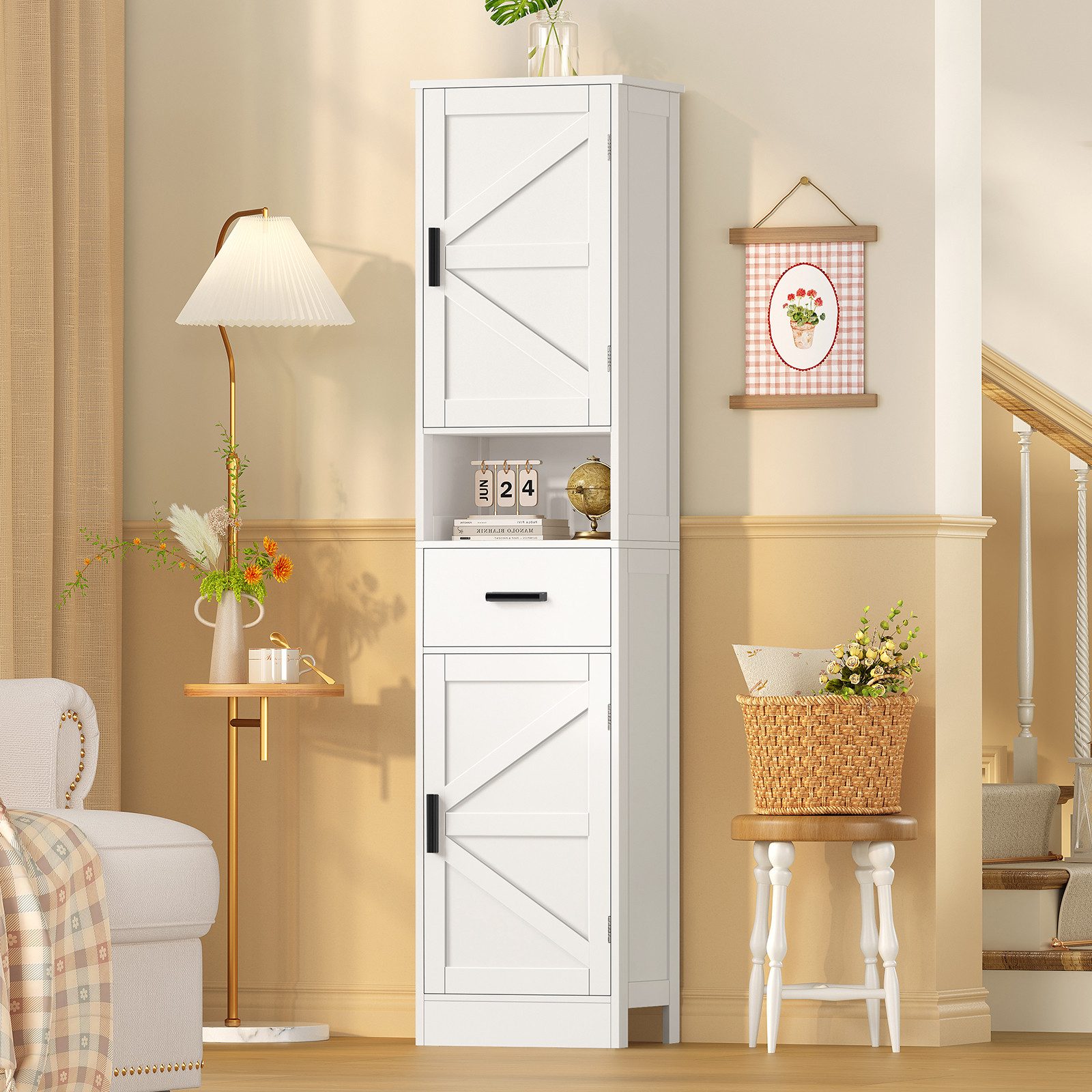 TEENFON Hochschrank 170 cm schmaler Badezimmerwaschtisch mit 2 Flügeltüren & 1 Schublade (1-St)