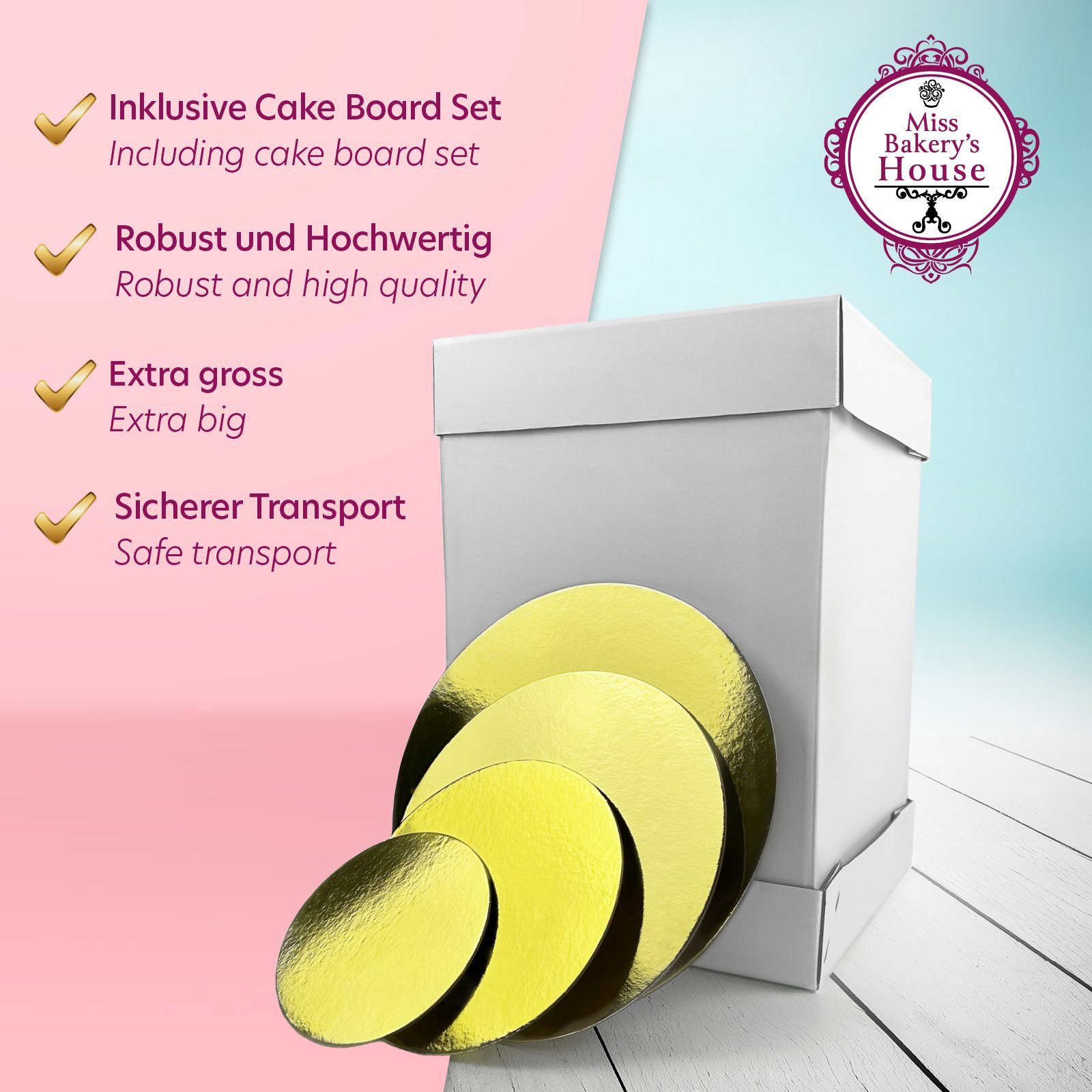 Kuchentransportbox Bakery's & Miss + sicher Tortenunterlagen, Cake transportieren Board Set), hoch Set, weiß/silber/gold (Kartonbox Gebäck House Box und aufbewahren Tortenkarton, Cake