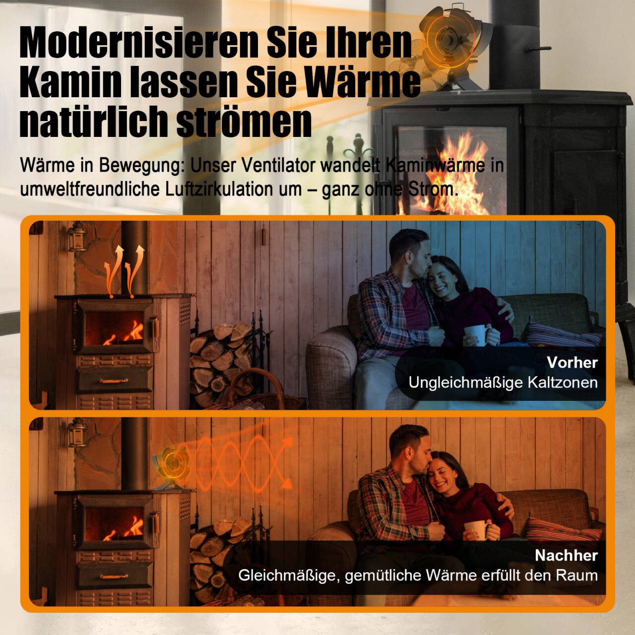 SunJas Kaminventilator 4 Flügel Ofenventilator Ohne Strom, Wärmebetriebener, Leiser, Mini Kaminlüfter,Umweltfreundlich für Pellet/Holzbrenner/Kamin – Bild 3 von 5