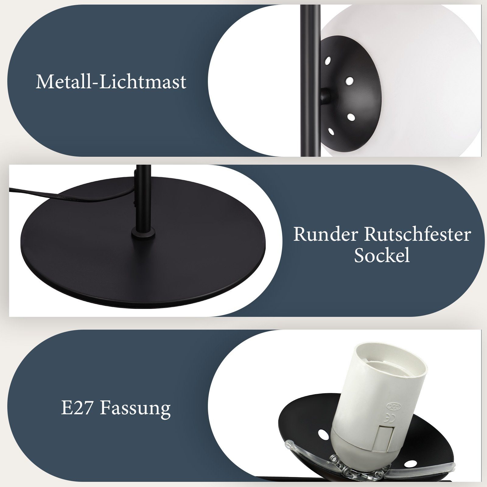 ZMH Stehlampe Wohnzimmer 3 Flammig Industrial Modern Standleuchte mit Fußschalter, Einfache Installation, ohne Leuchtmittel, Weiß Glas Standlampe E27 Vintage Bodenlampe, Schwarz/Gold