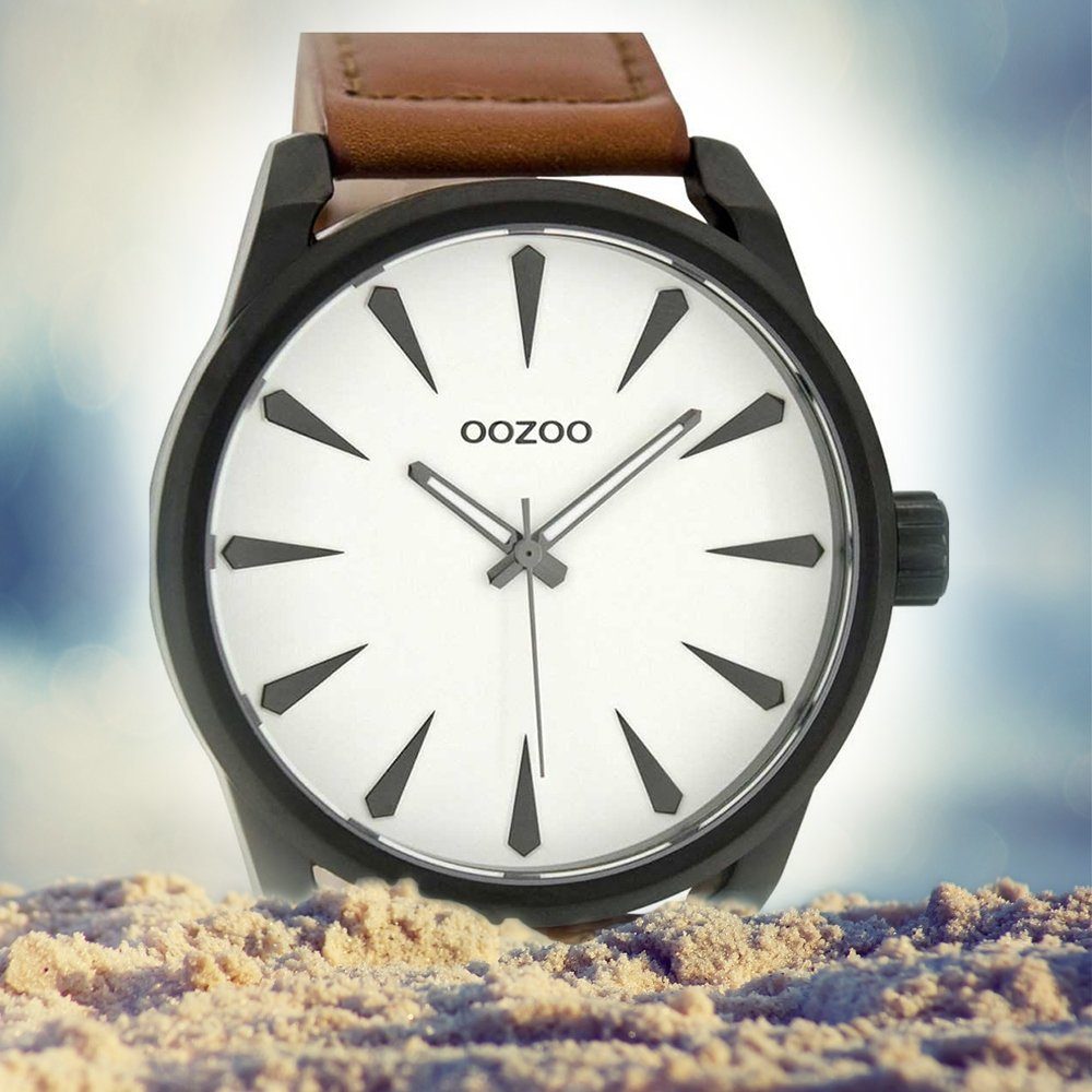 Fashion-Style Lederarmband, 48mm) Herren Oozoo rund, extra OOZOO (ca. braun, Armbanduhr Herrenuhr groß Quarzuhr