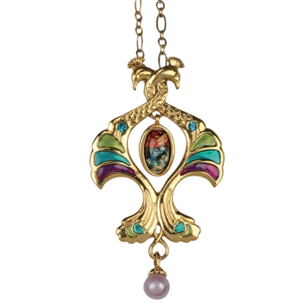 Dark-Desires Kette und Anhänger Set Jugendstil Pfau Anhänger-Kette – Mehrfarbige Emaille & Gold mit Perle