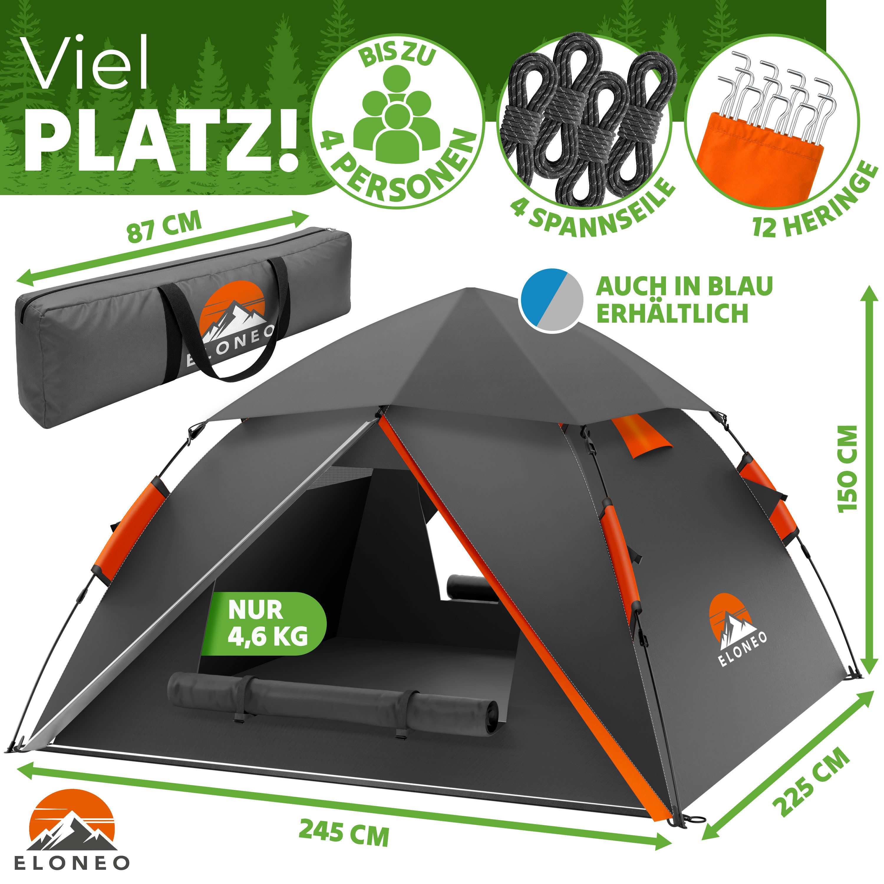 ELONEO Wurfzelt ELONEO Wurfzelt 245x225x150 cm – Pop-Up Campingzelt für 2–4 Personen, Personen: 4, Regendicht, Schnelle Einrichtung, UV-Schutz, Winddicht
