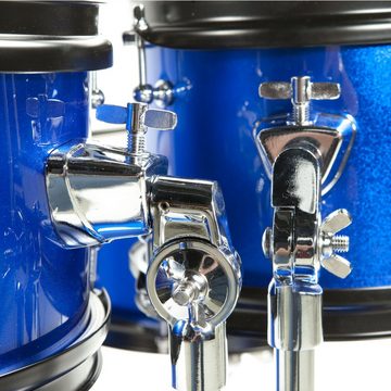 FAME Schlagzeug,Kiddyset 5 PC Junior Drumset Blue, Kinderschlagzeug mit Bass Drum, Toms, Snare, Hardware und Hocker, von 3 -10 Jahren, mit Zubehör und Drumsticks, Kinderschlagzeug, Junior Drumset, Kiddyset