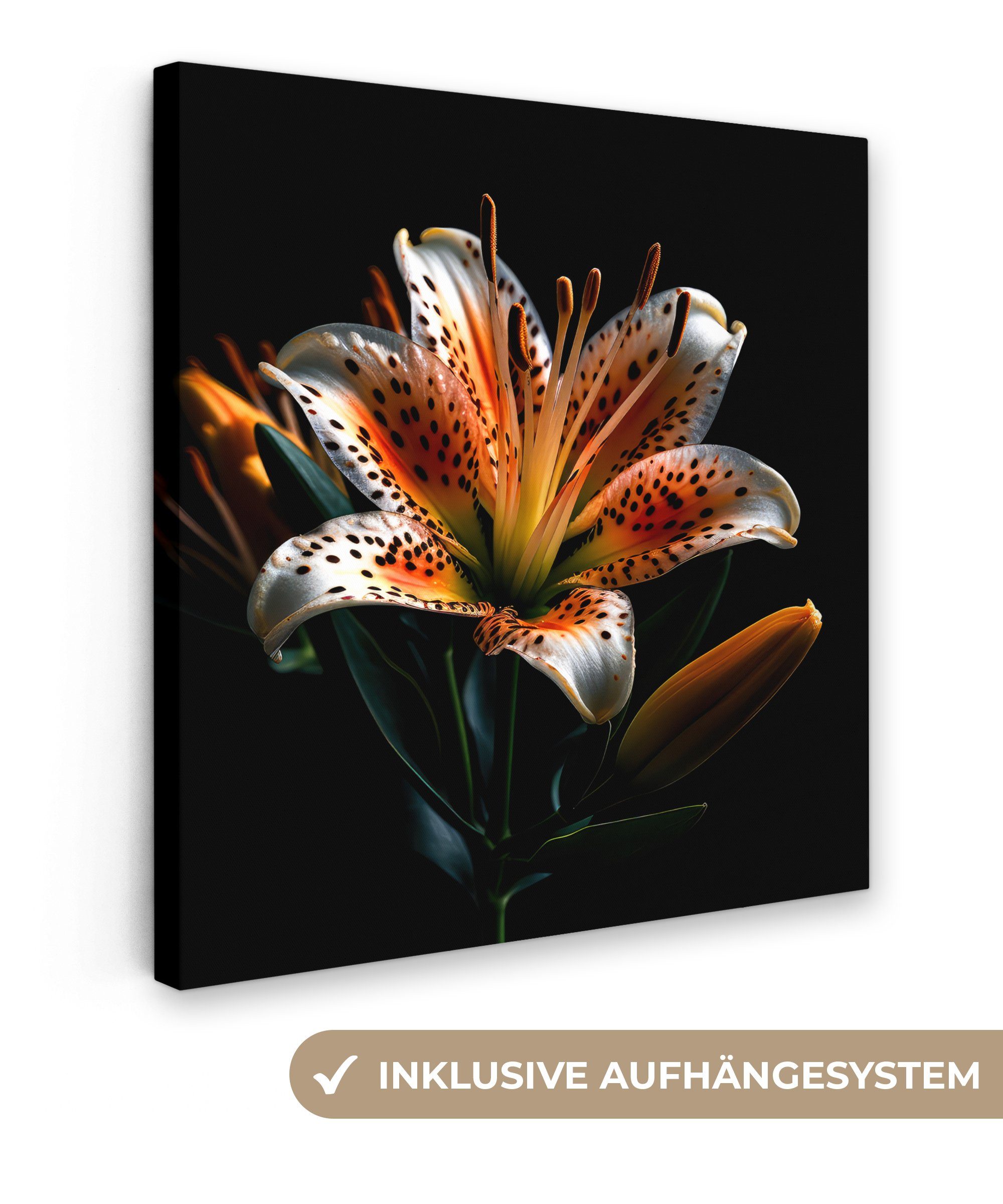 OneMillionCanvasses® Leinwandbild Blumen - Lilie - Orange - Porträt - Schwarz, (1 St), Leinwand Bilder für Wohnzimmer Schlafzimmer, 20x20 cm