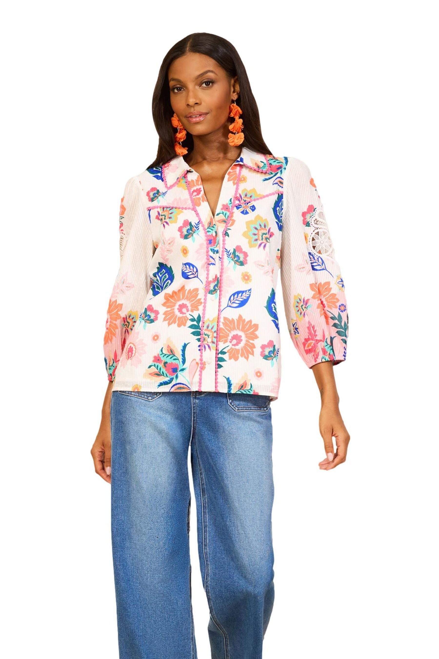 Love & Roses Spitzenbluse Love & Roses Bluse mit Print und Spitze, Regular (1-tlg)