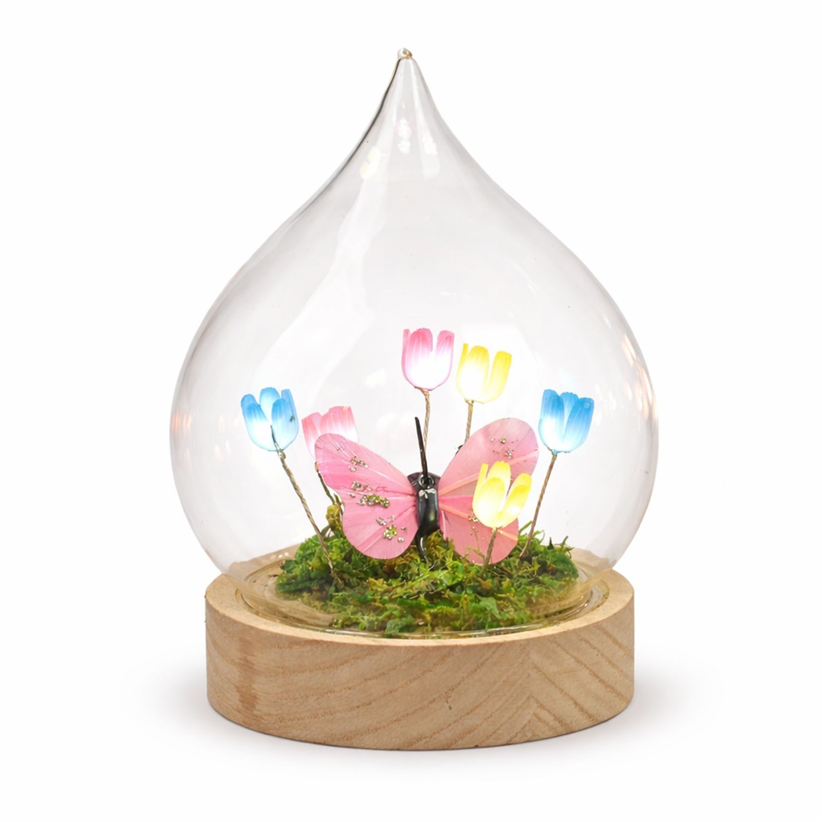 formano LED Dekolicht LED Deko Tropfen Blumen Schmetterling Glaskugel Sockel & Timer 14 cm, LED fest integriert