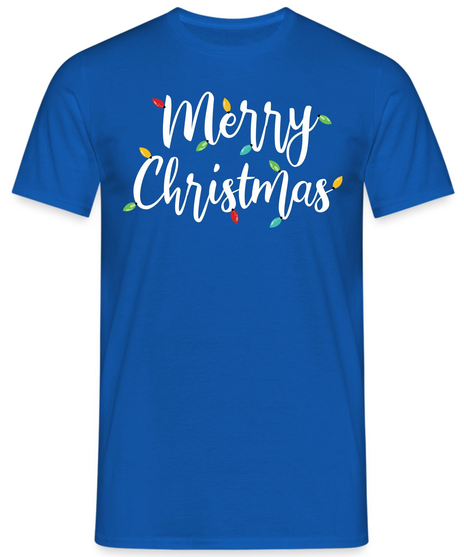 Christmas Formatee - Merry Quattro Weihnachten Kurzarmshirt Blau X-mas Weihnachtsgeschenk Lichterkette (1-tlg)