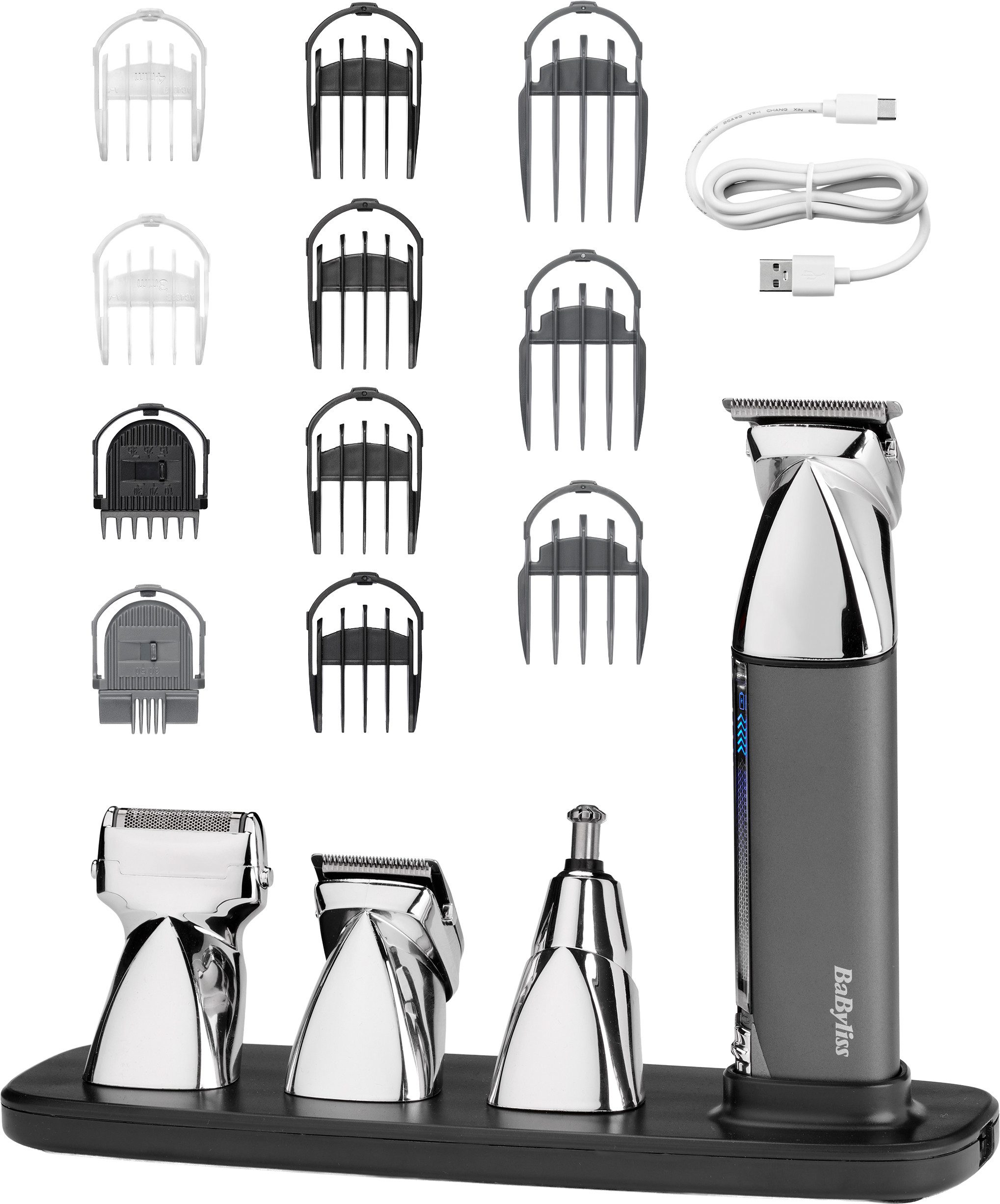 BaByliss Multifunktionstrimmer BaByliss Super-X Metal 15-in-1 Multitrimmer für Bart & Körper, MT996E, 15 Aufsätze und Kammführungen, USB-Ladestation, kabellos