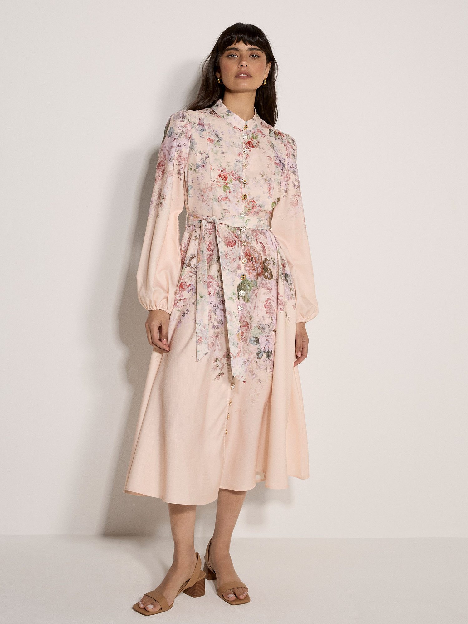 Apricot Hemdblusenkleid Midi-Kleid mit Vintage-Blumenmuster und Zierknöpfen