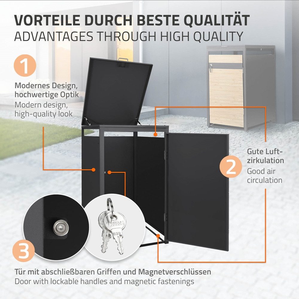 ML-DESIGN Mülltonnenbox Müllbox aus Stahl wetterfeste Mülltonnen Verkleidung Mülltonnengarage, Mülltonnencontainer mit Klappdeckel/Tür für 1 Tonne 120 oder 240 Liter