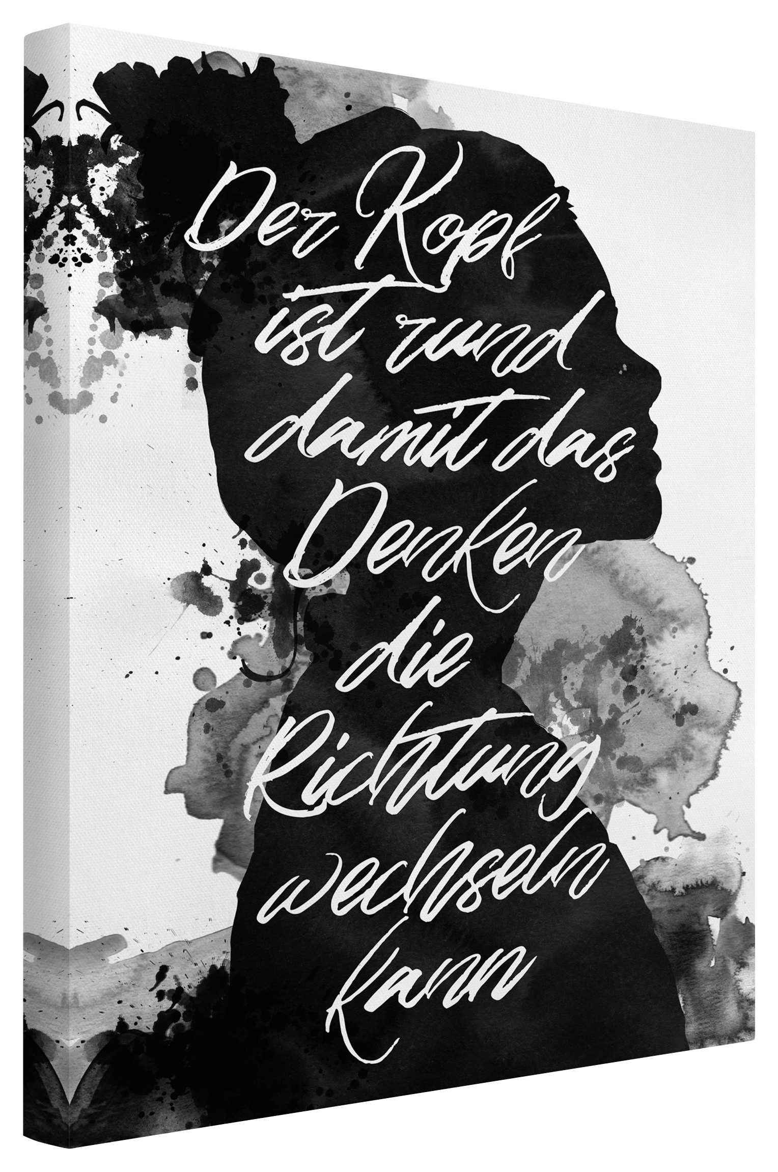 Bilderdepot24 Leinwandbild Sprüche Worte Der Kopf ist rund schwarz weiss Bild auf Leinwand XXL, Wohnzimmer Schlafzimmer Küche Flur Wandbild Kunstdruck Wanddeko Druck