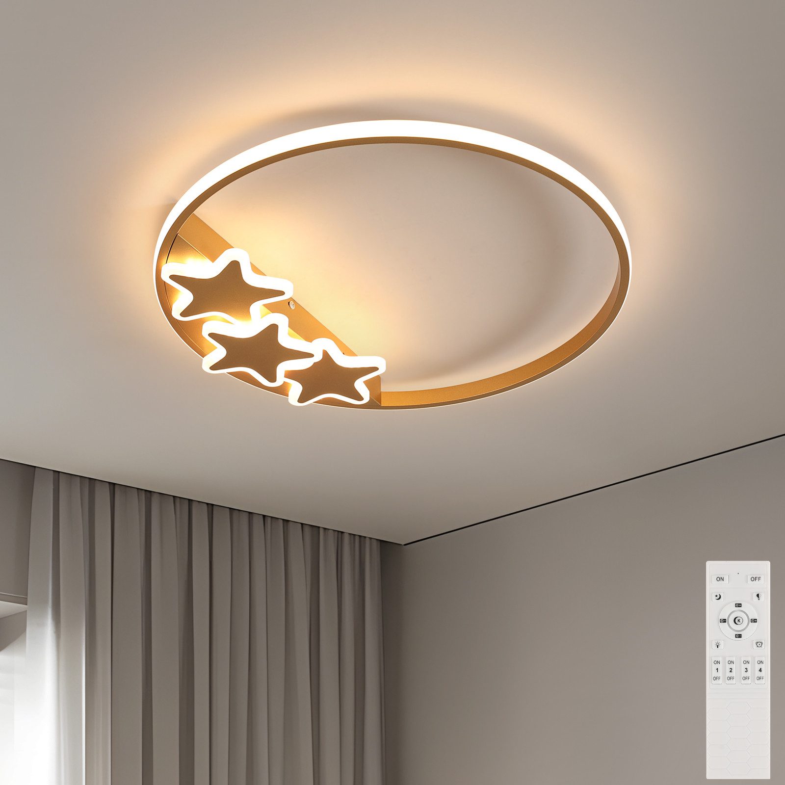 Riserva Deckenleuchten Stern LED Deckenleuchte, 37W dimmbar 3000-6500K, Ra80, Gold, 50cm